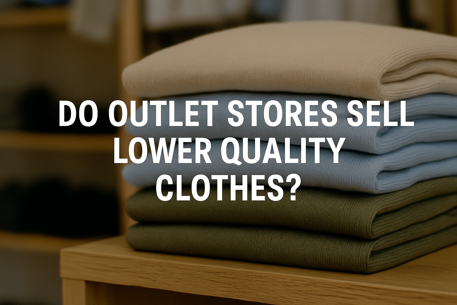 Stack of folded sweaters on a wooden shelf in an outlet store with text overlay reading 'Do Outlet Stores Sell Lower Quality Clothes?'.