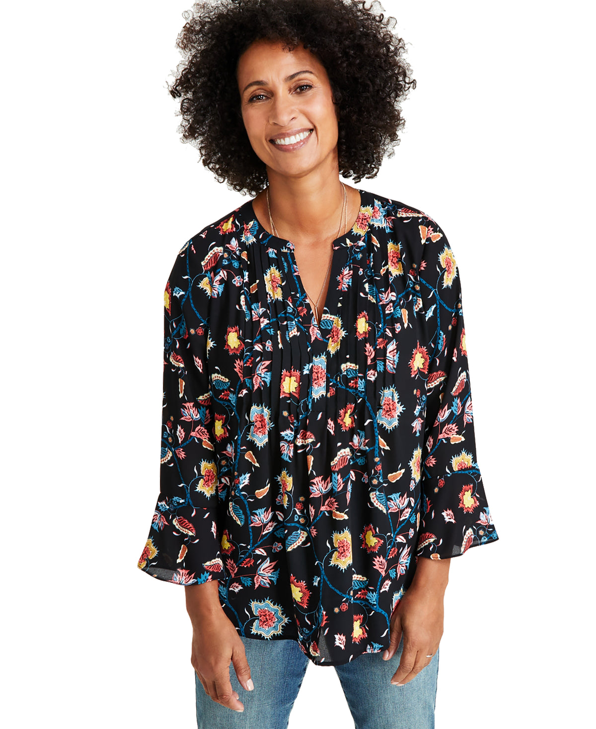 Women's Printed Pintuck Ruffle Sleeve Top, Regular & Petite
