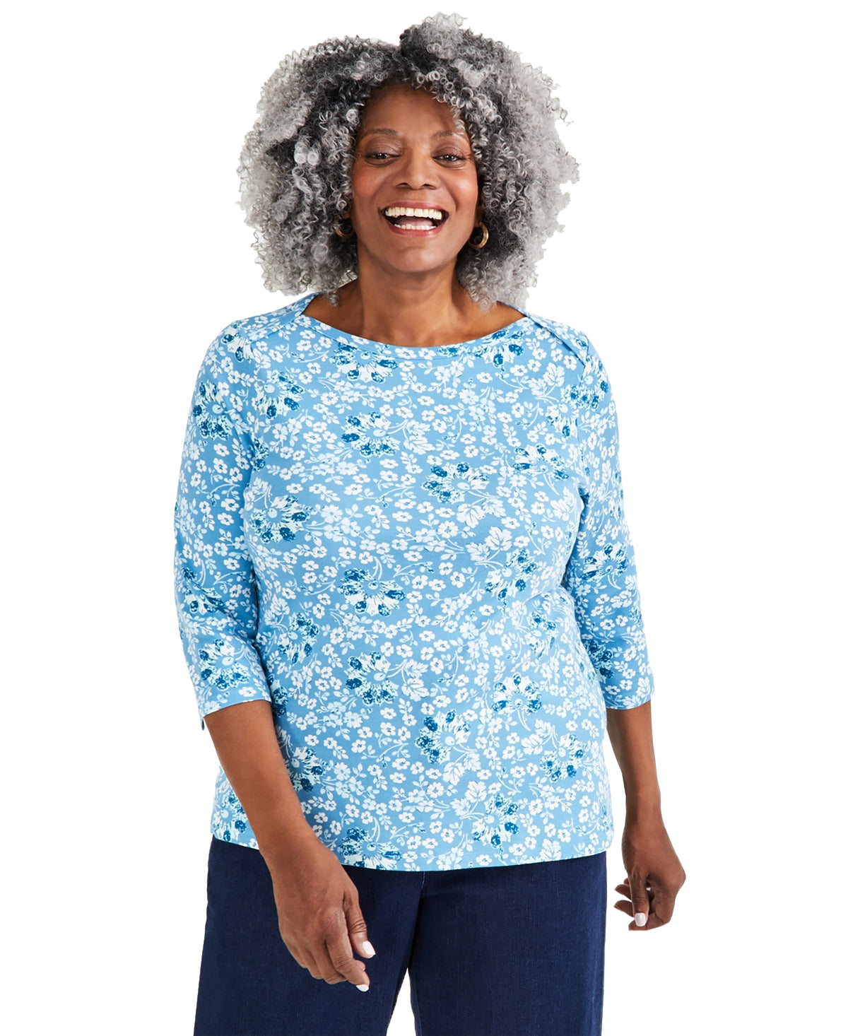 Plus Size Printed Pima Cotton 3/4-Sleeve Top