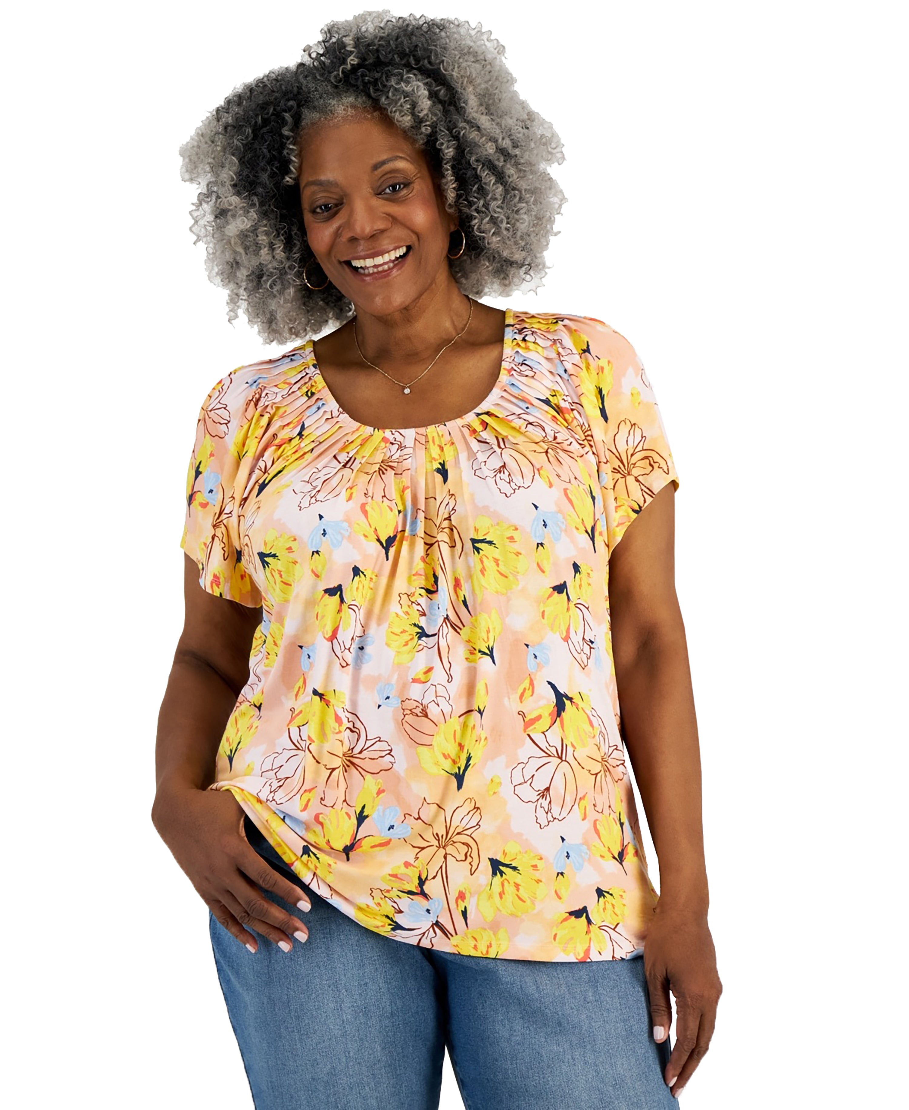 Plus Size Printed Pleated-Neck Top