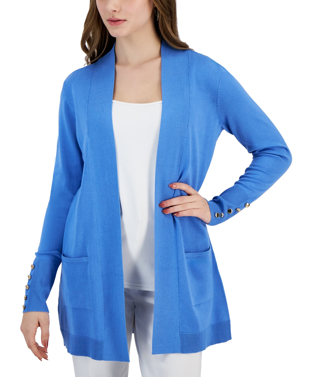 Petite Open-Front Button-Cuff Cardigan