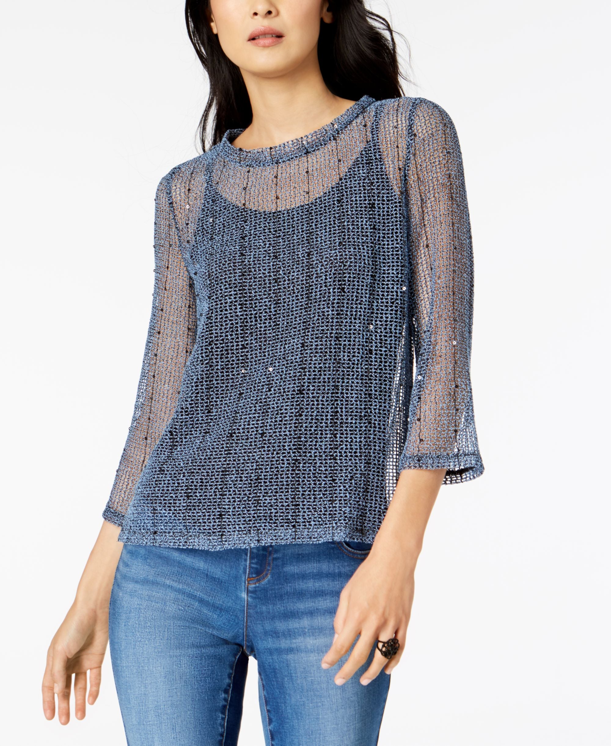 I.N.C. Sequined Open-Knit Illusion Top