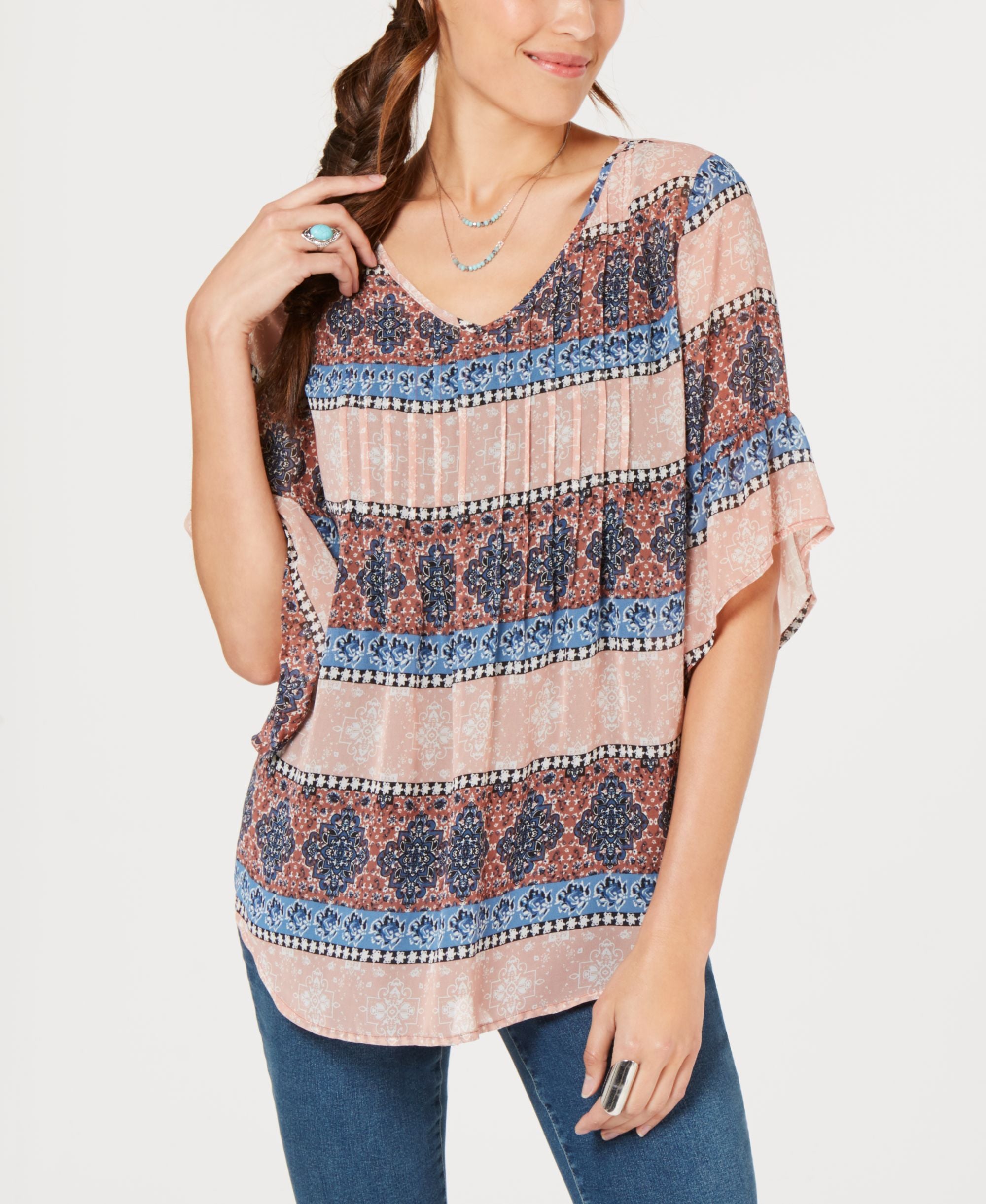 Style & Co Medallion Print Pintuck Top