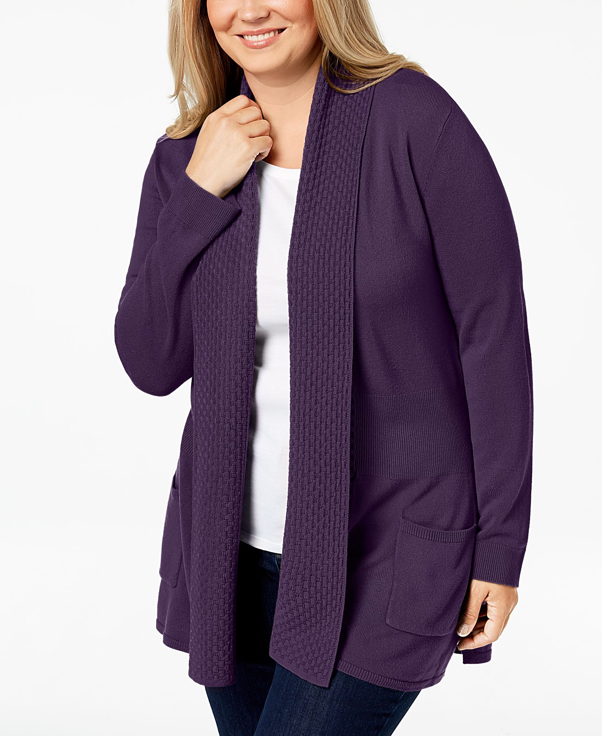 Karen Scott Plus Size Textured Shawl Collared Cardigan Sweater