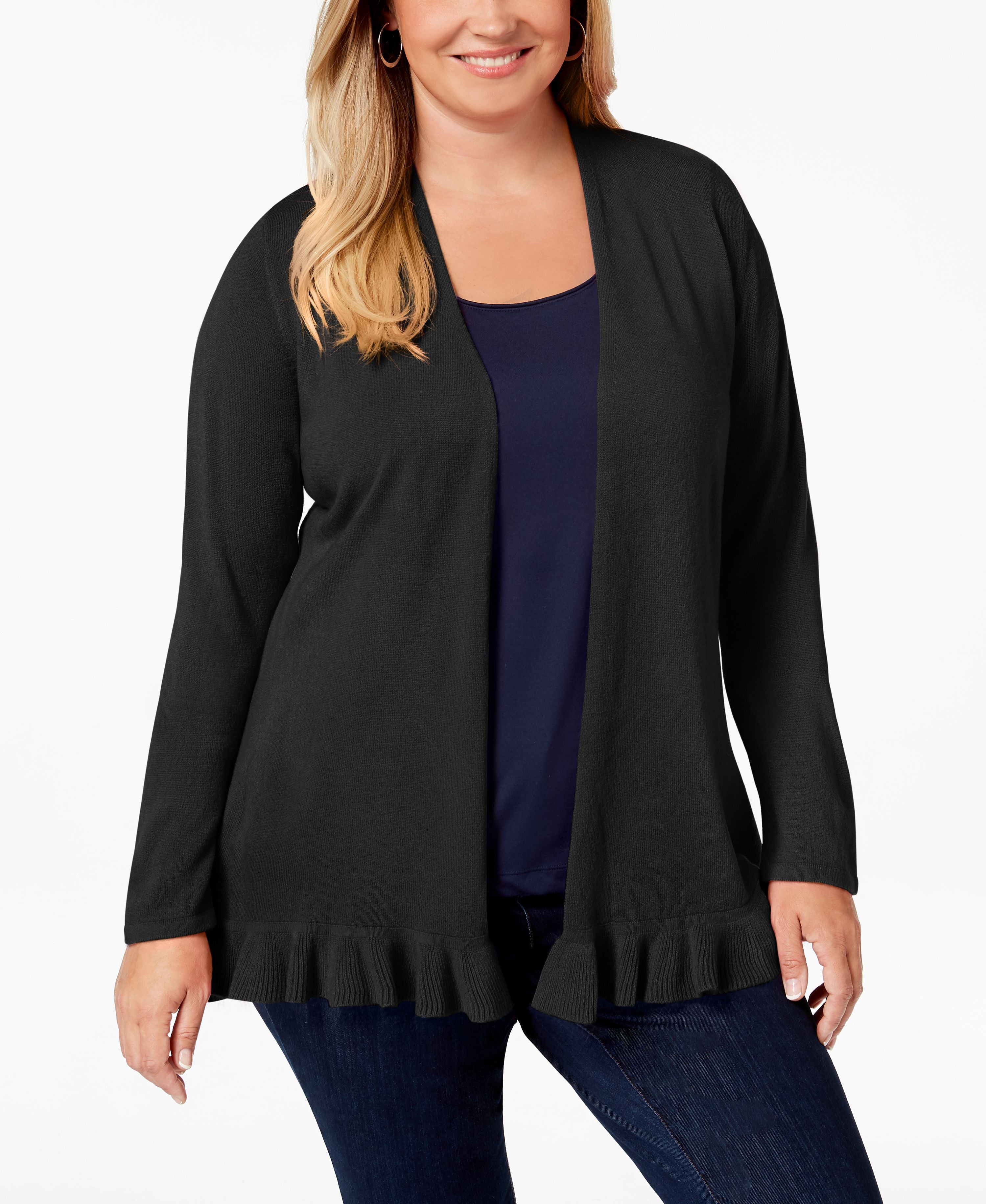 Karen Scott Plus Size Ruffled-Hem Cardigan Sweater Deep Black 1X