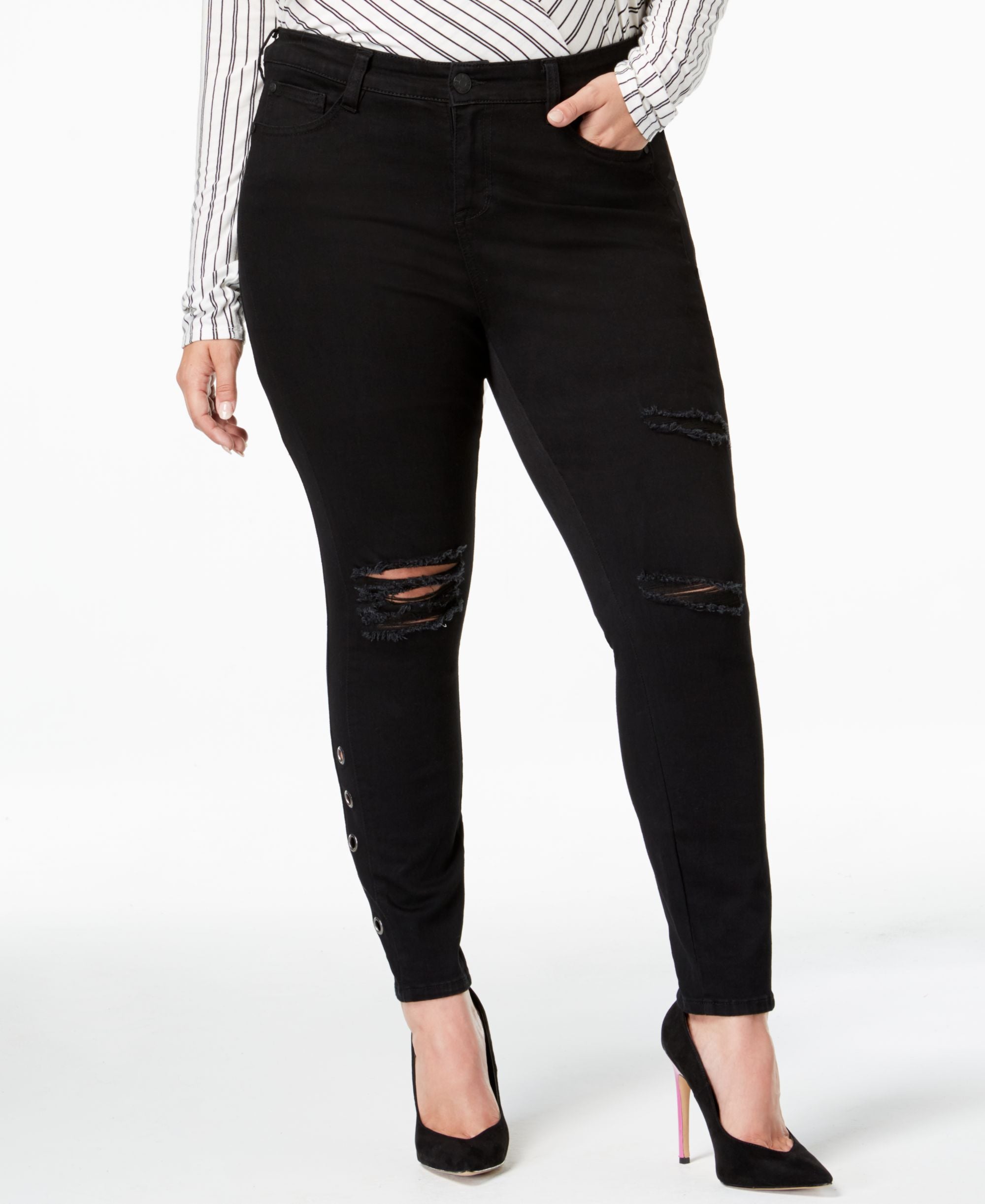 Celebrity Pink Trendy Plus Size Destructed Black Skinny Jeans