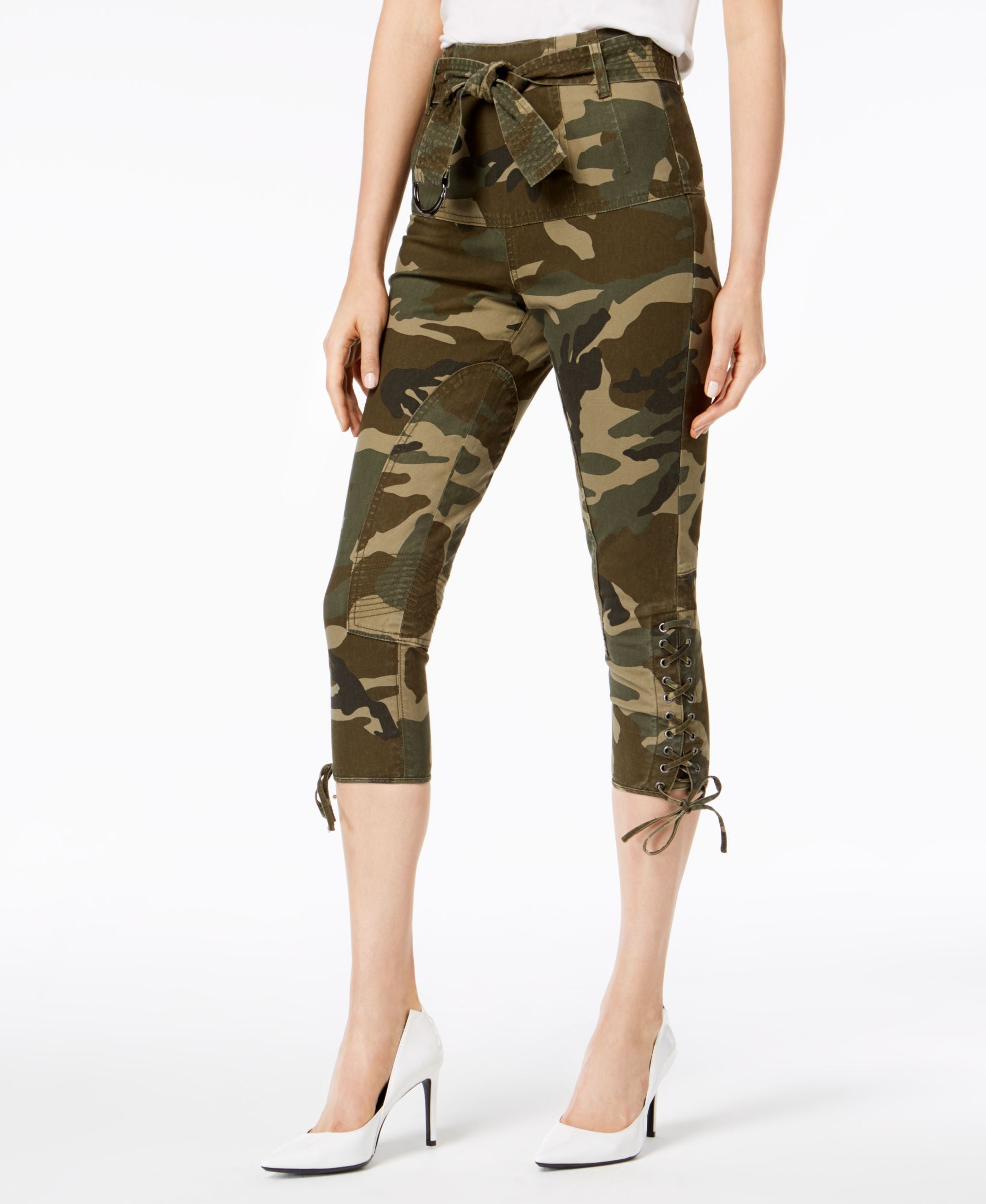 Kendall Kylie Camo Print Lace Up Capri Pants