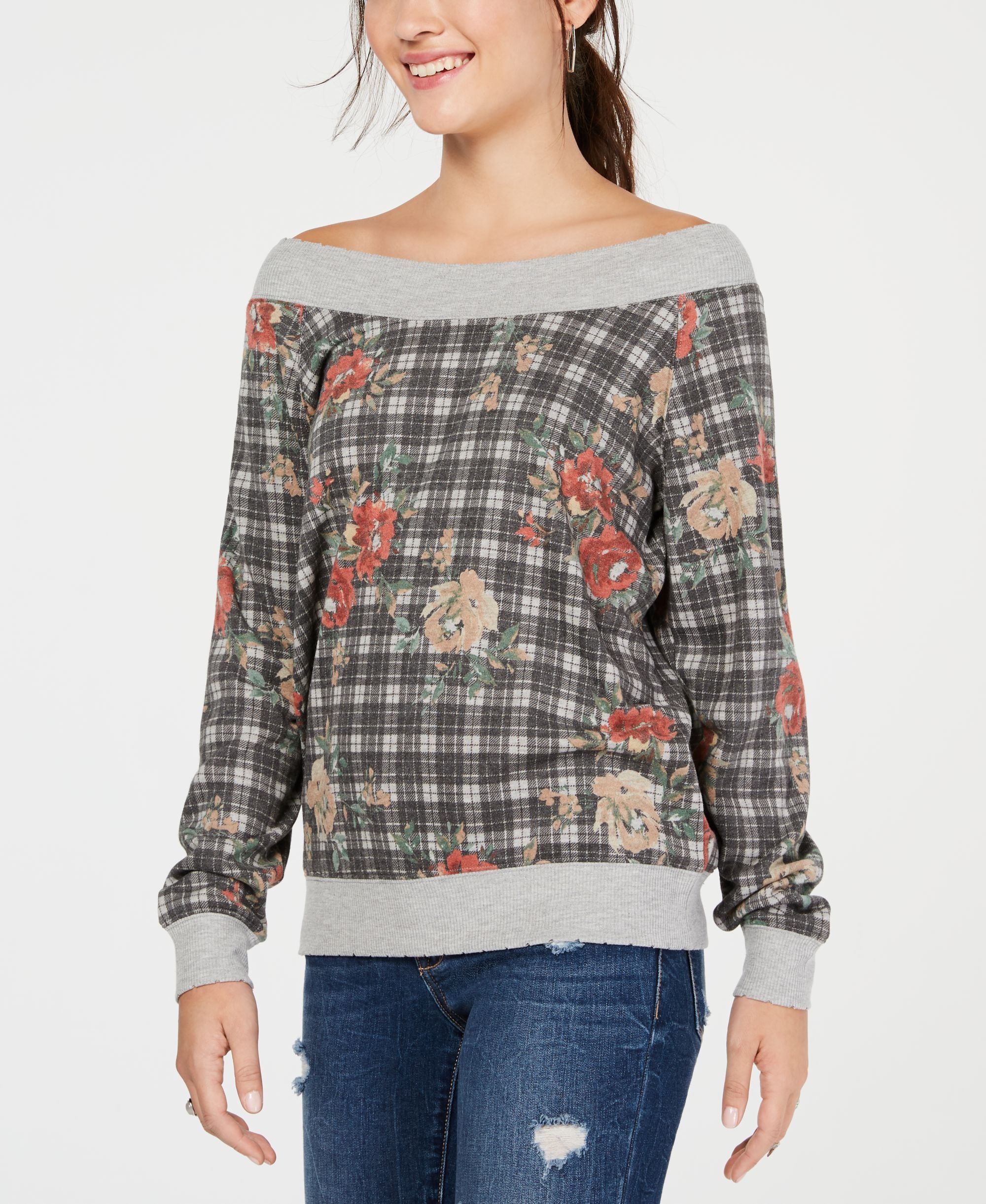 Juniors' Printed Off-The-Shoulder Sweatshirt