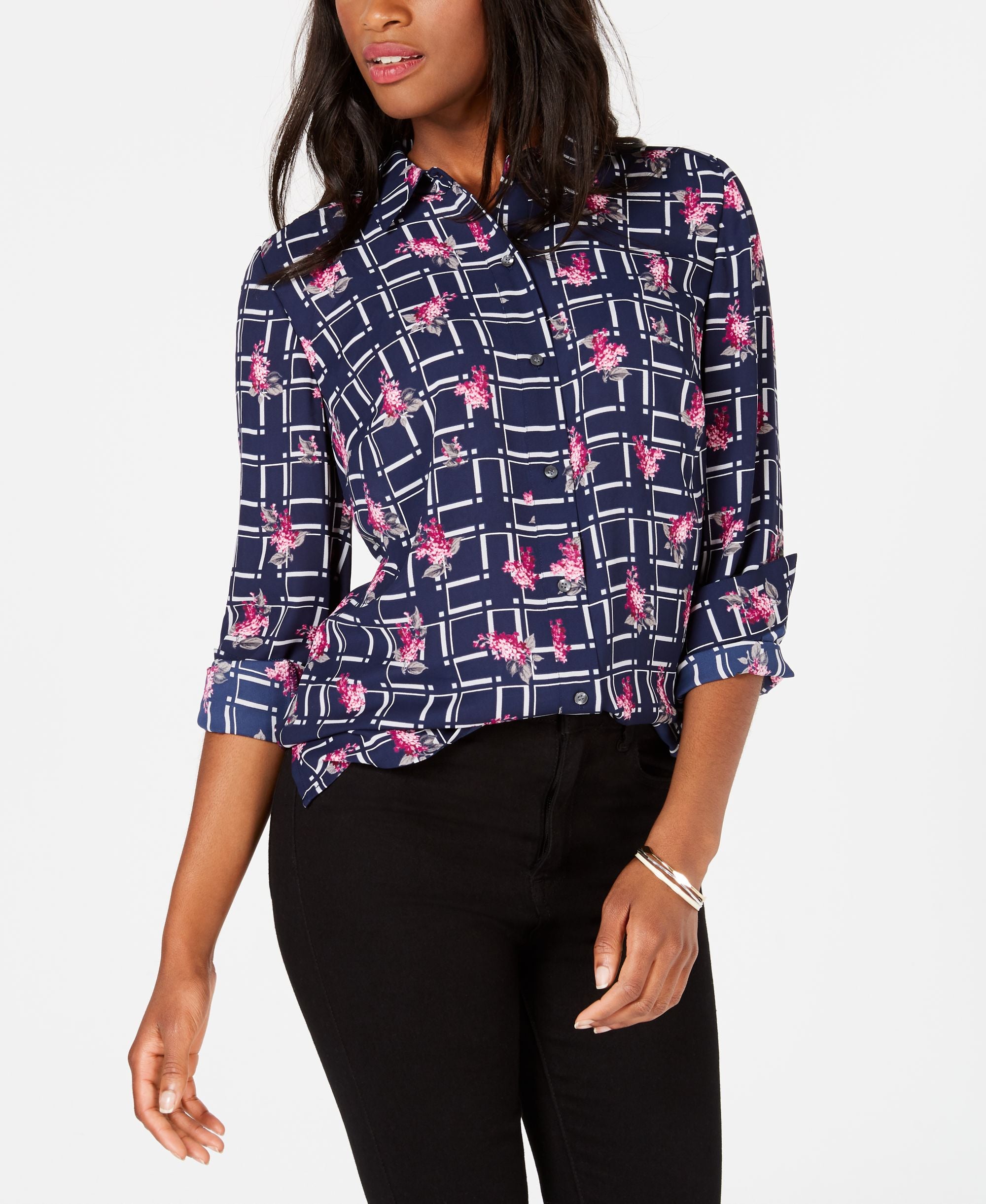 Charter Club Plaid Floral Print Blouse