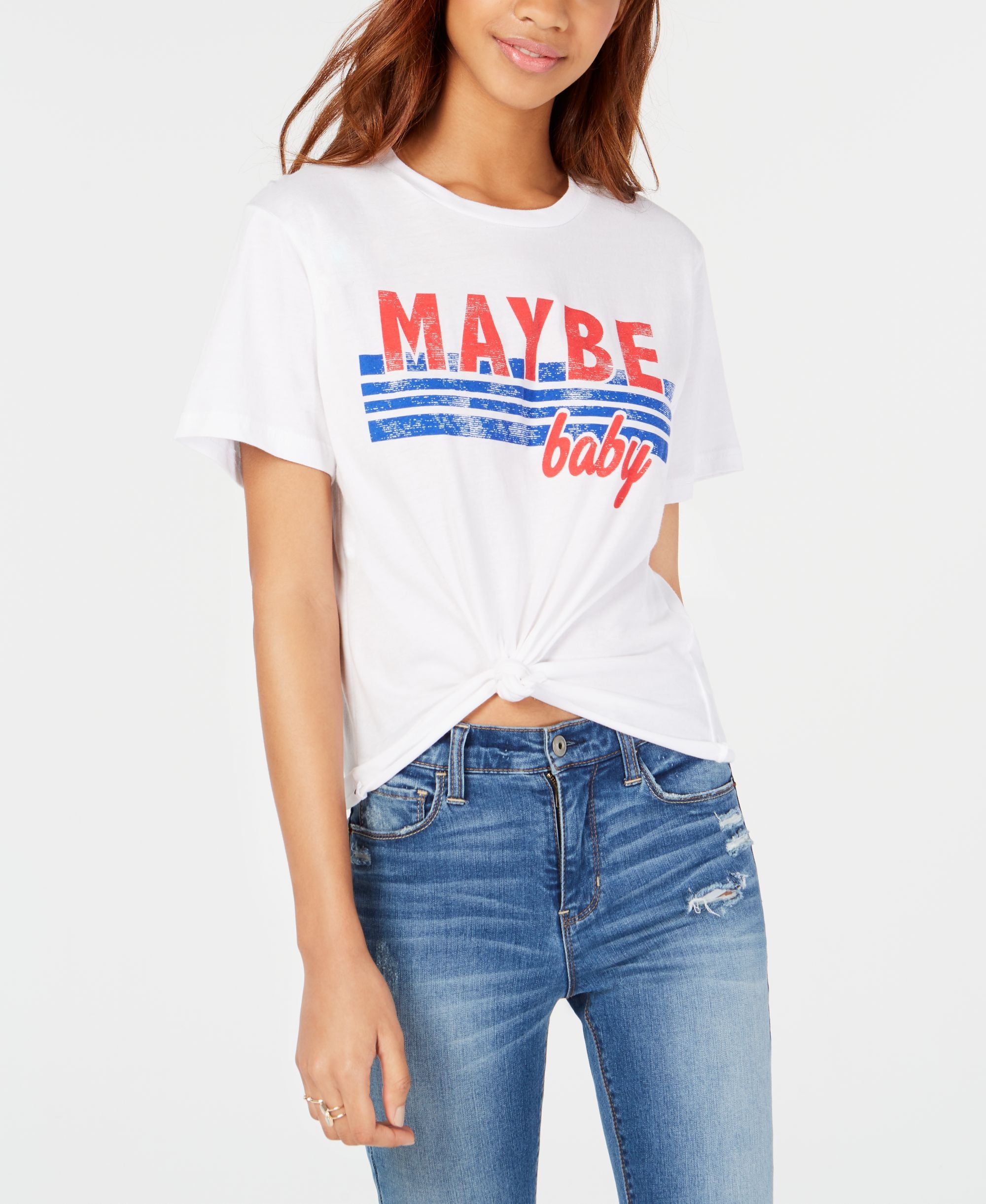 Rebellious One Juniors Maybe Baby Tie Front Graphic T-Shirt
