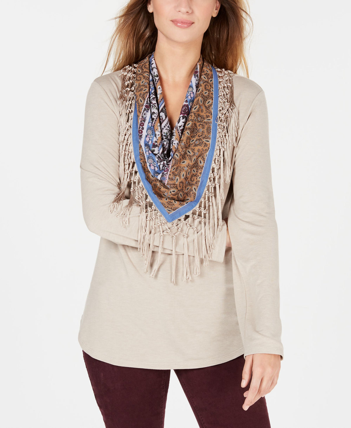 Petite Scarf-Neck Fringed Top