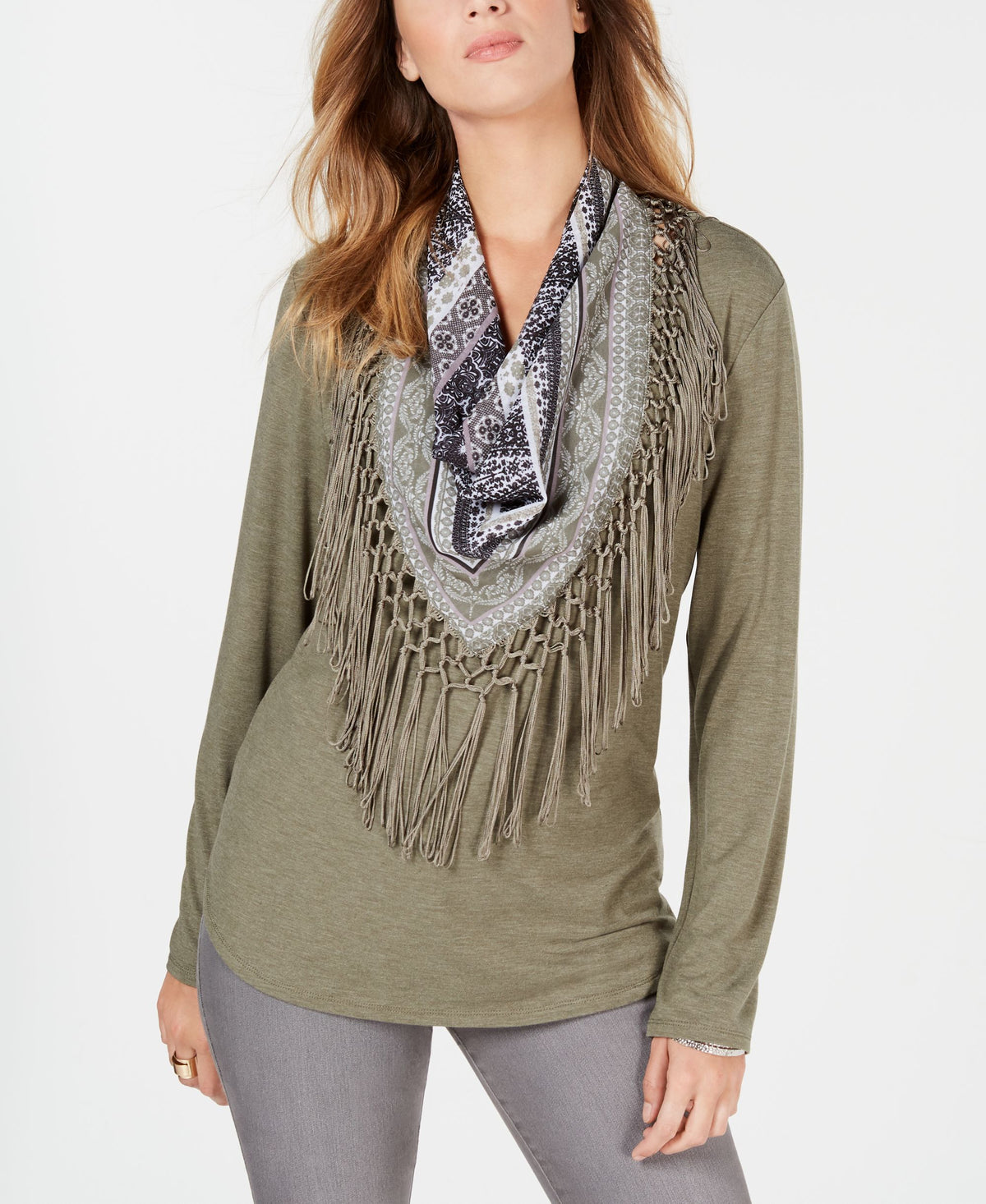 Petite Scarf-Neck Fringed Top