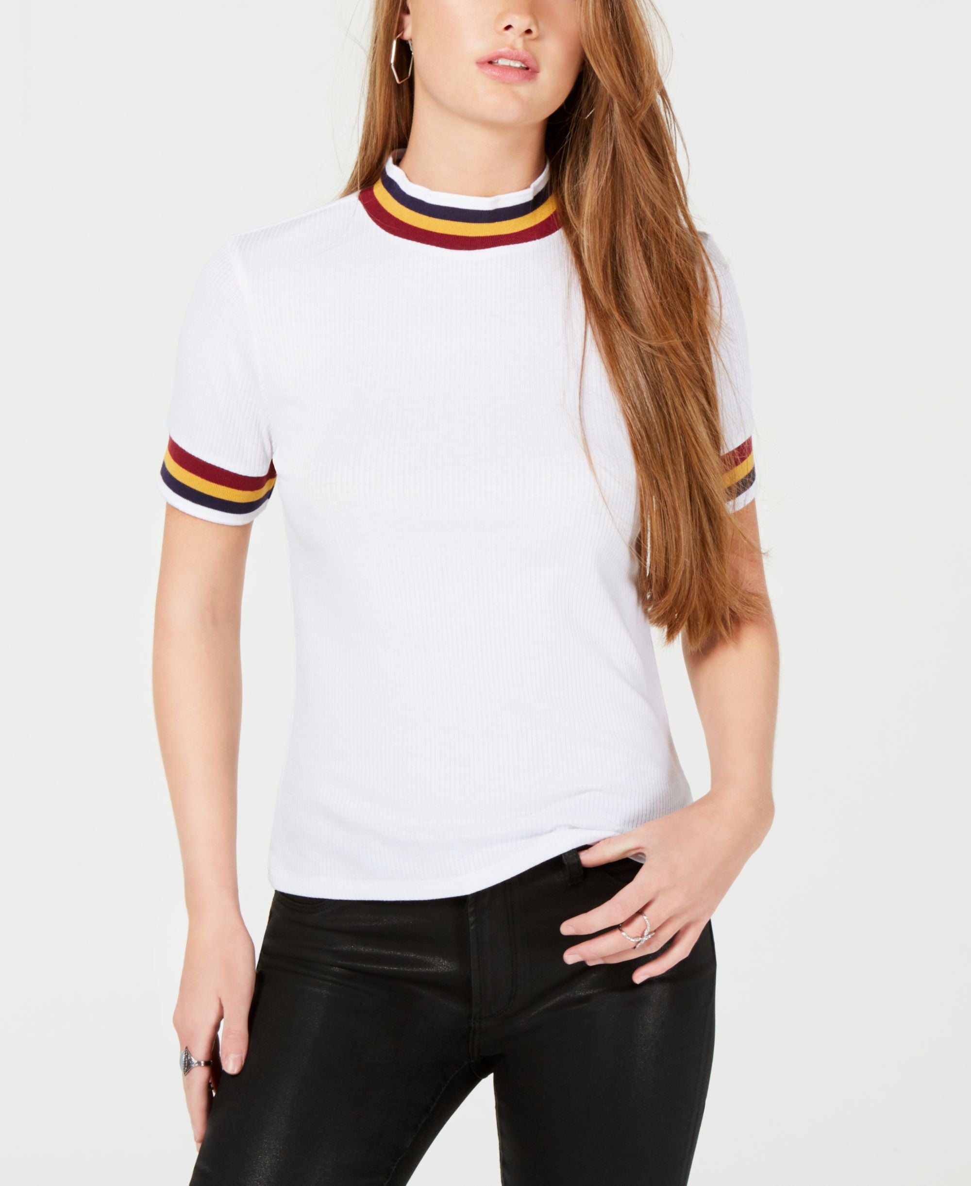 Ultra Flirt By Ikeddi Juniors Mock Neck Ribbed Striped Top