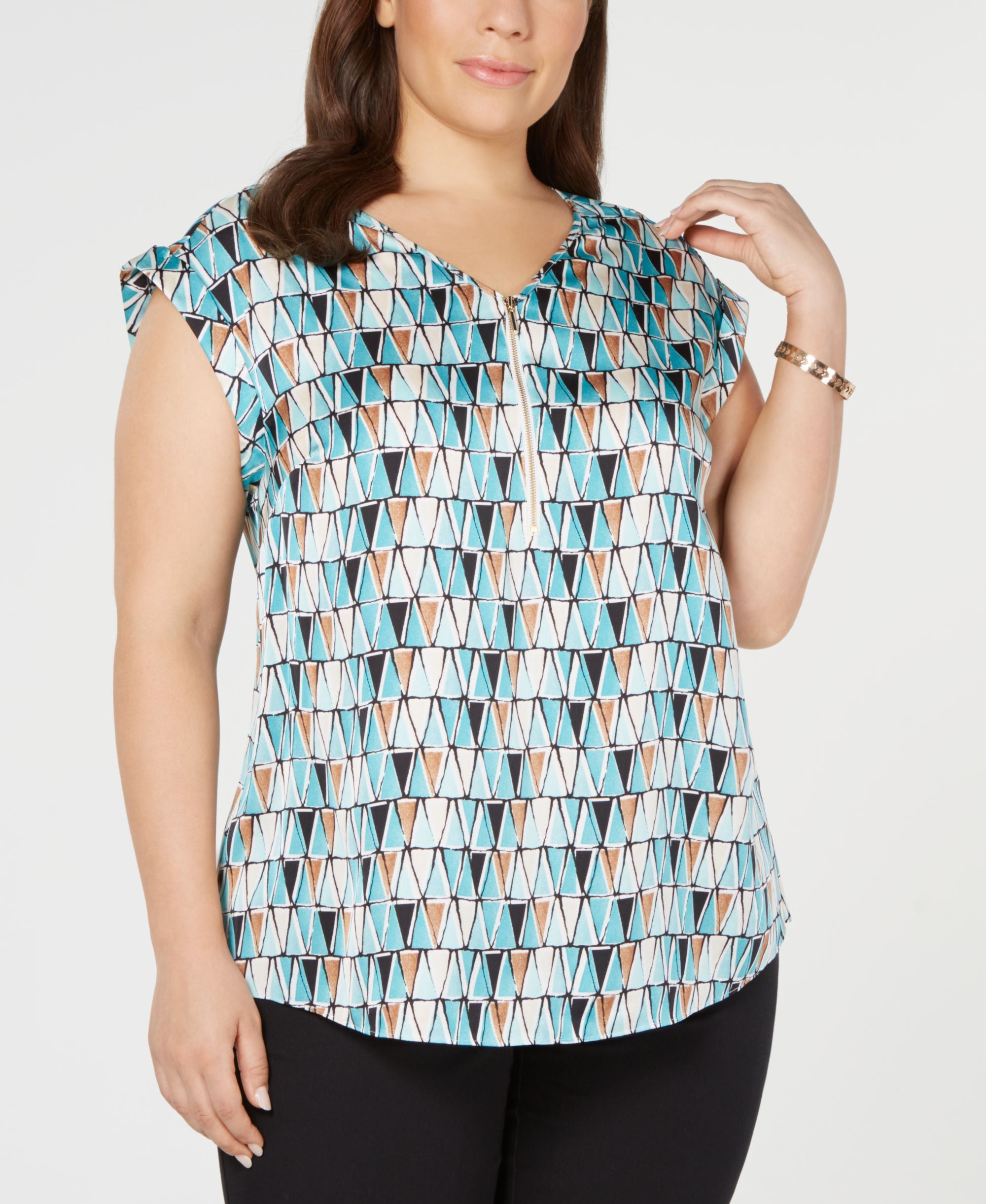 JM Collection Plus Size Printed Zip Neck Top