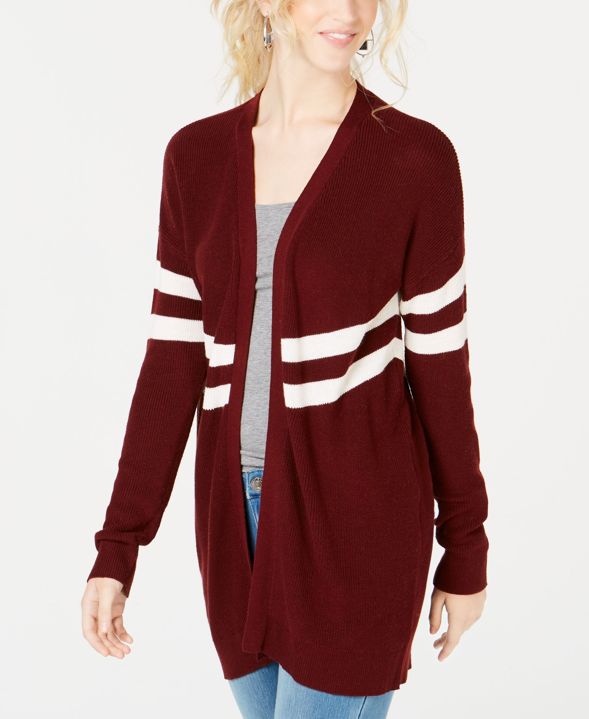 Hippie Rose Juniors Varsity Stripe Open Front Cardigan