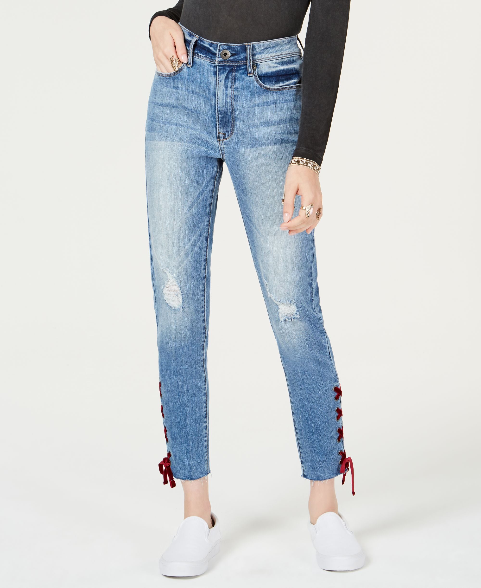 Juniors' Velvet Lace-Up Skinny Ankle Jeans