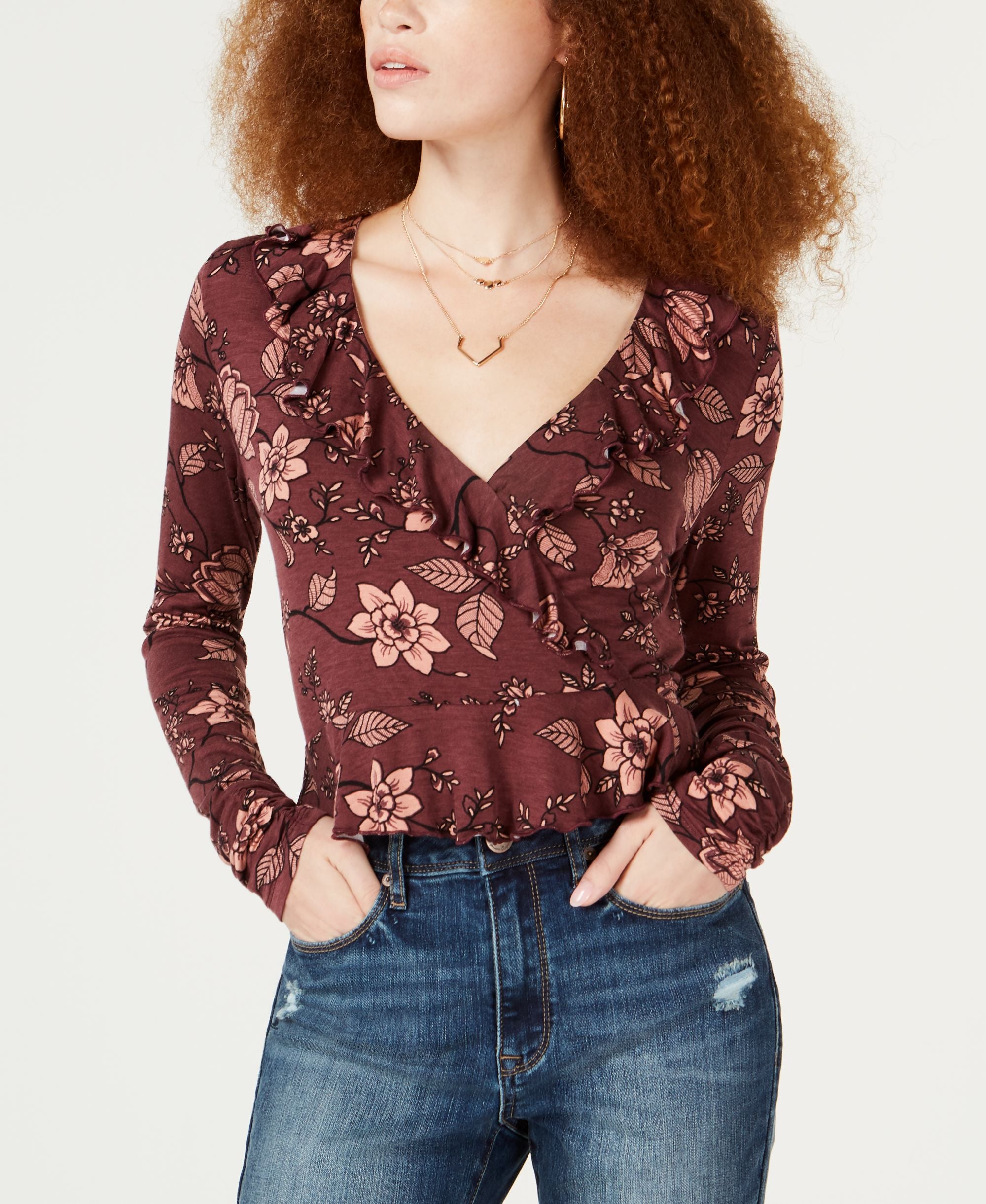 Juniors' Floral-Print Ruffled Top
