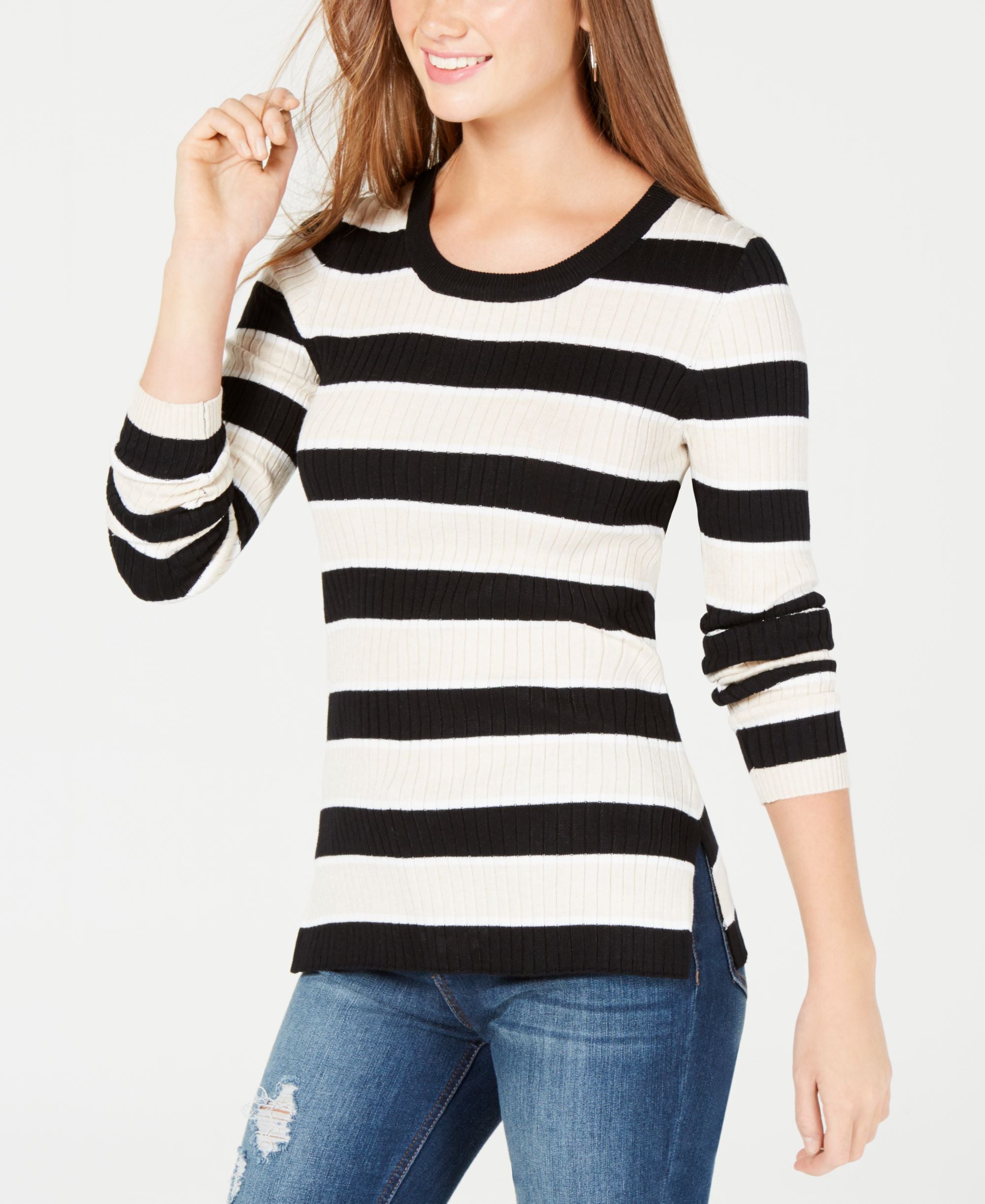 Juniors' Striped Ribbed Lace-Up Sweater