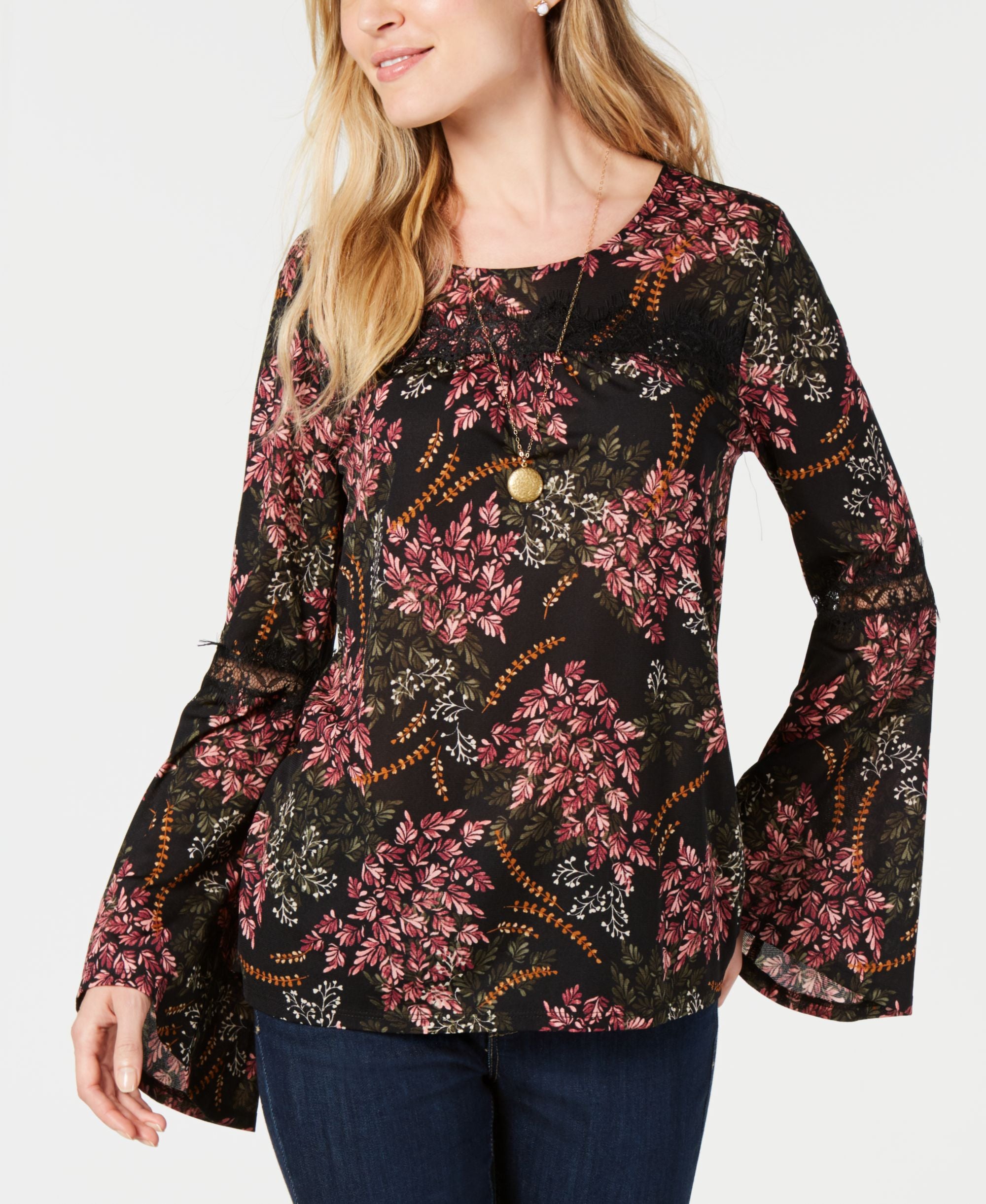 Style & Co Petite Printed Lace Trim Top