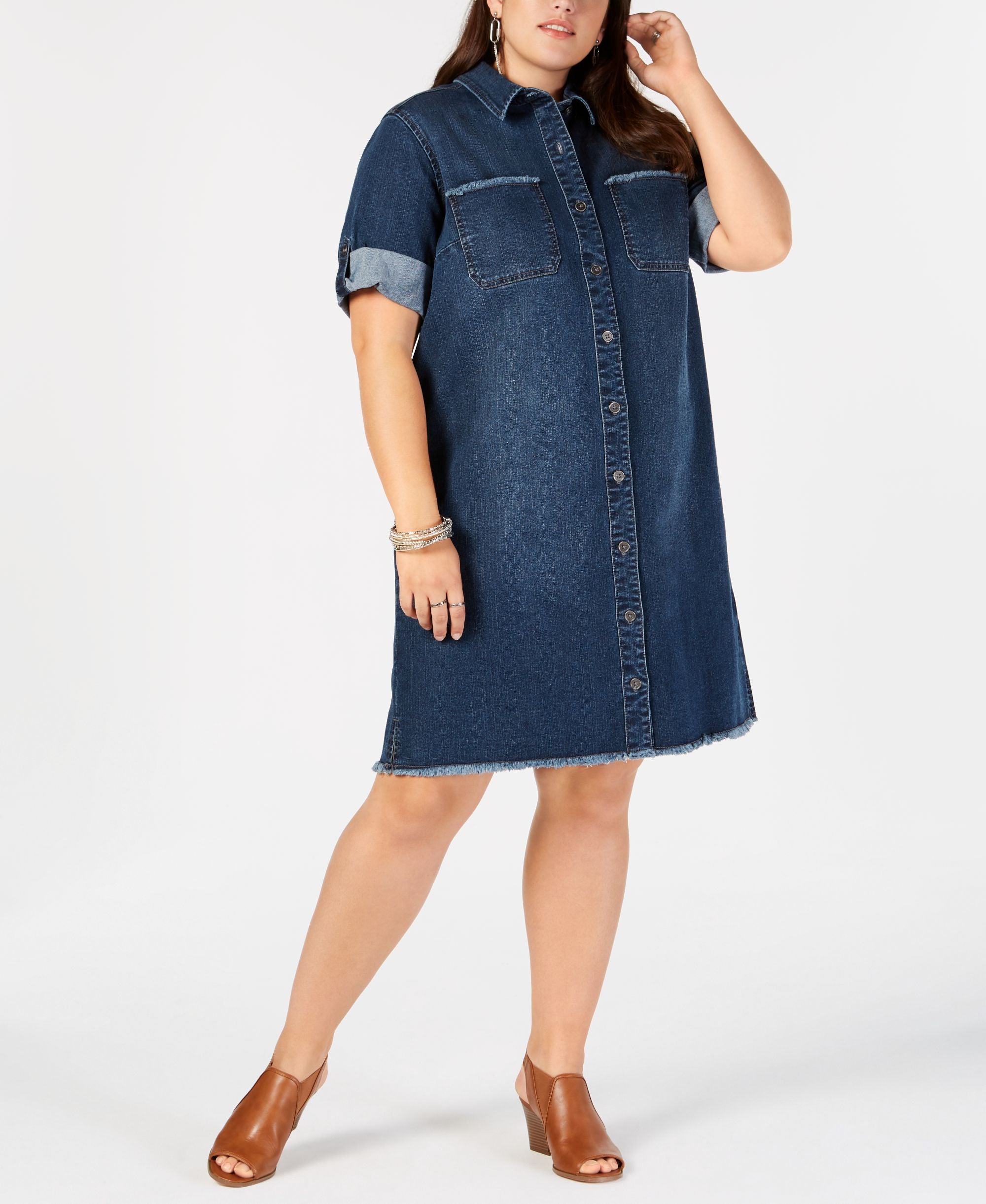 Style & Co Women Plus Size Cotton Raw-Hem Denim Shirtdress Caneel 24W
