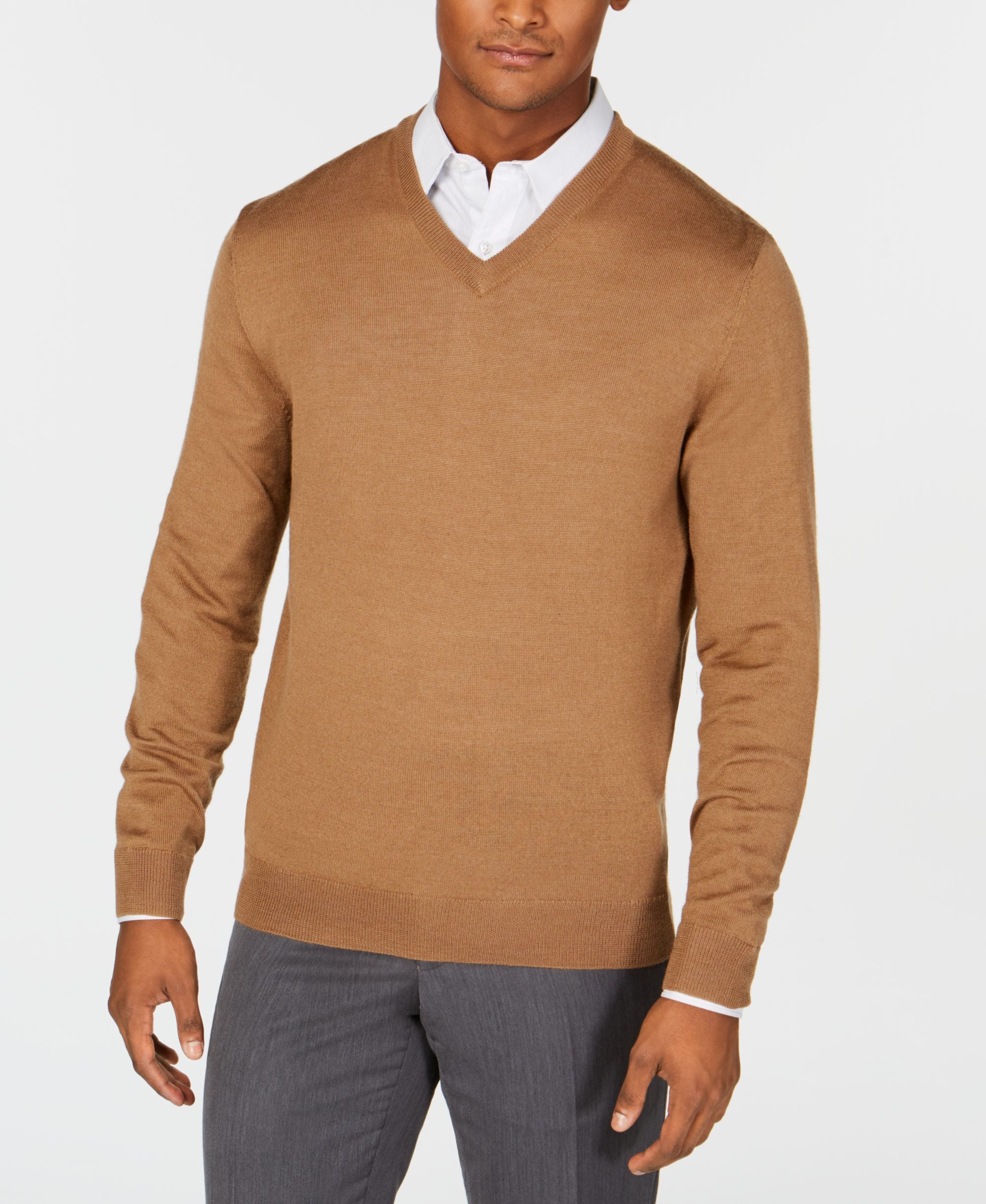 Men's Solid V-Neck Merino Wool Blend Sweater