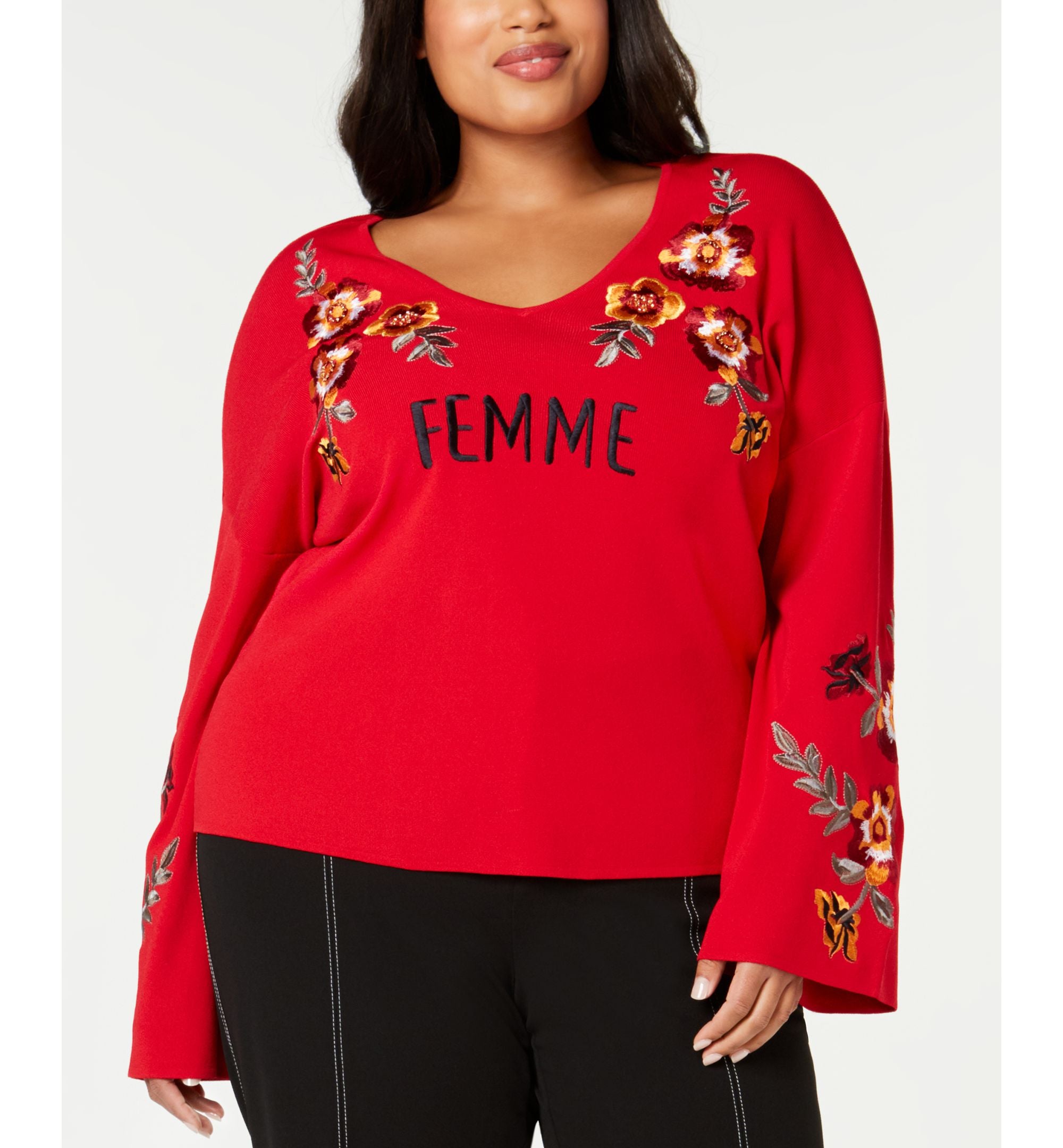 I.N.C. Plus Size Embroidered Bell-Sleeve Sweater