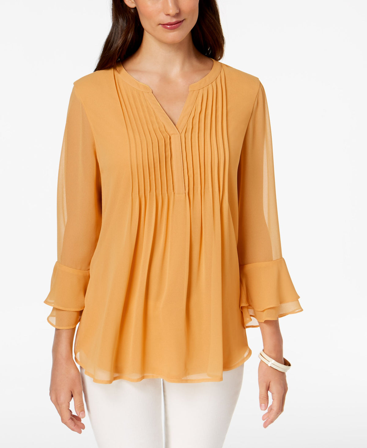 Charter Club Double Ruffle Solid Pintuck Top