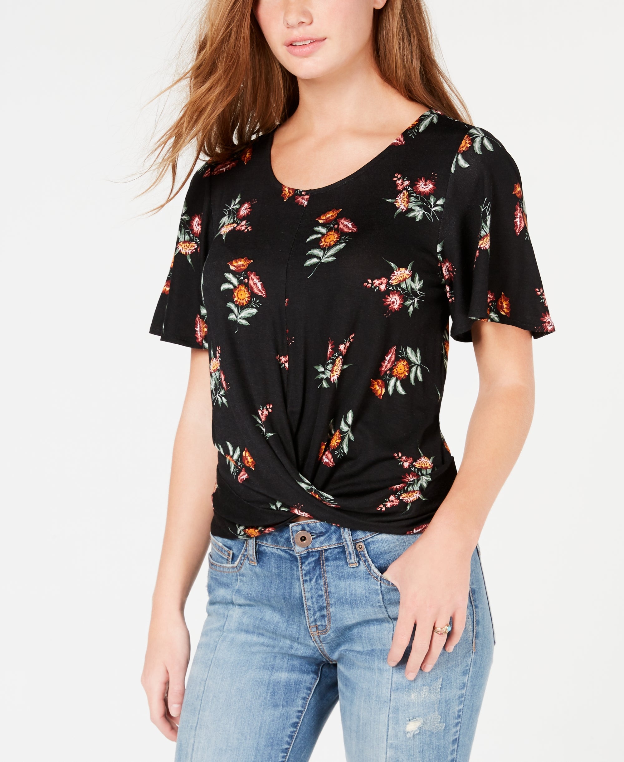 Juniors' Floral-Print Twist-Front Top
