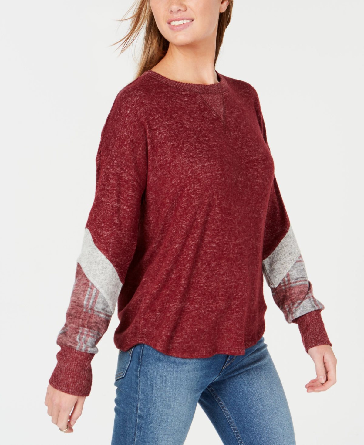 Hippie Rose Juniors Plaid Sleeve Hacci Sweater