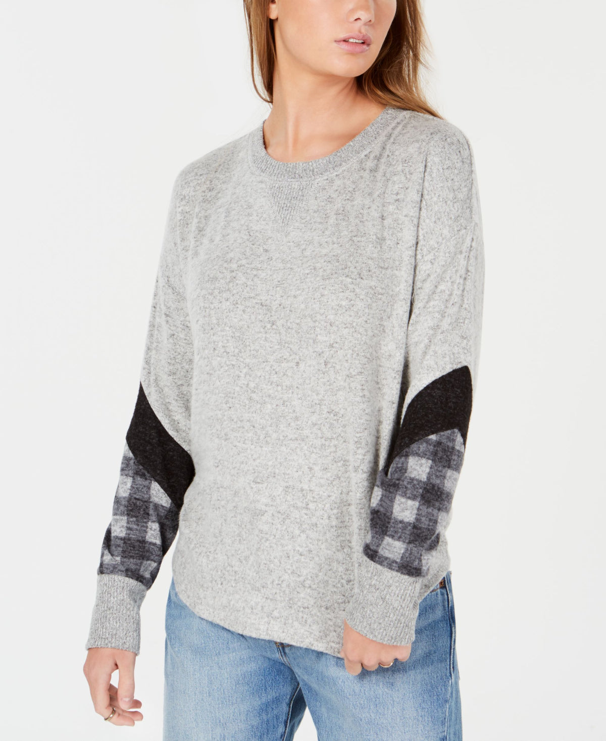 Hippie Rose Juniors Plaid Sleeve Hacci Sweater