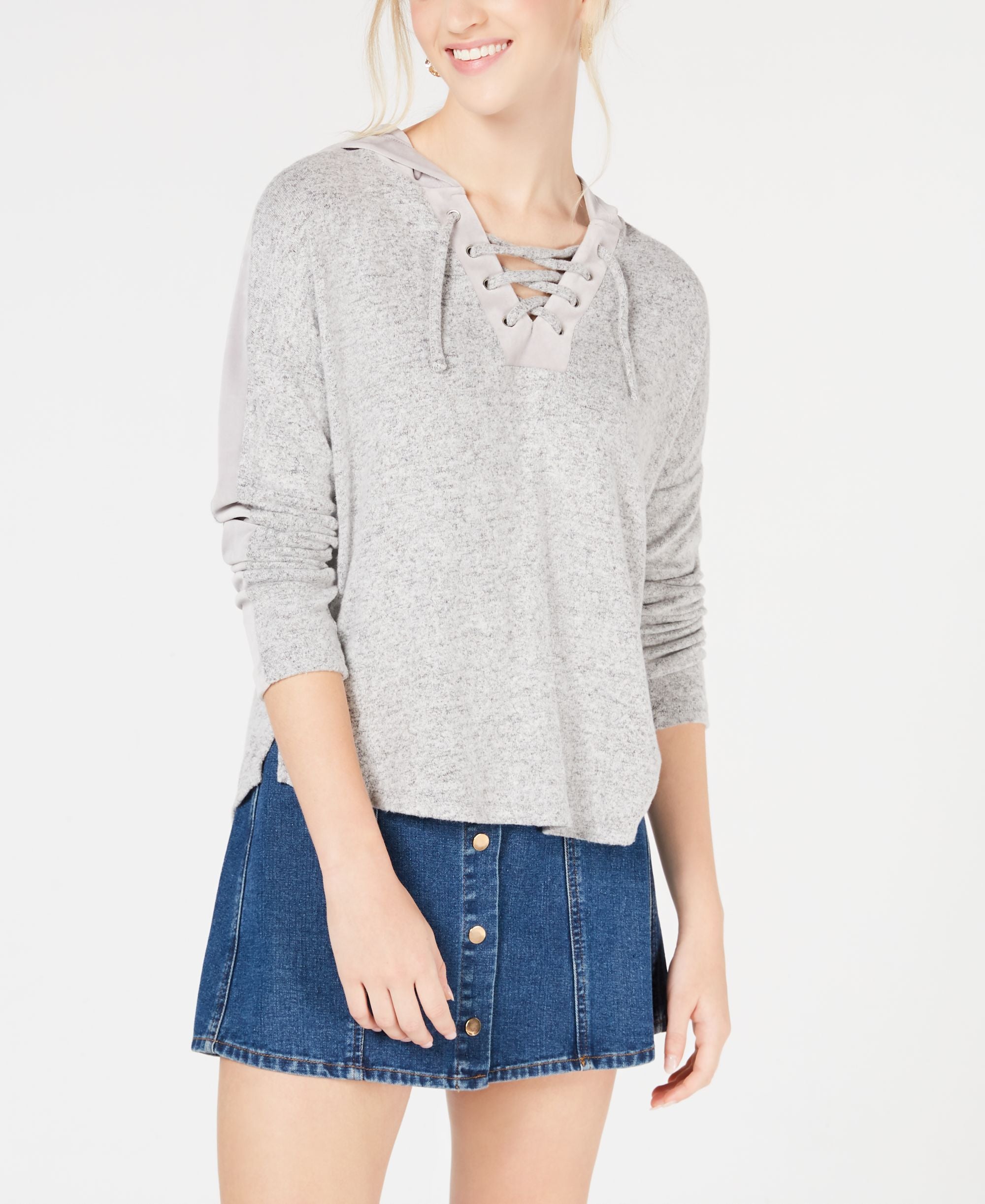 Hippie Rose Juniors Velvet Lace Up Hooded Top