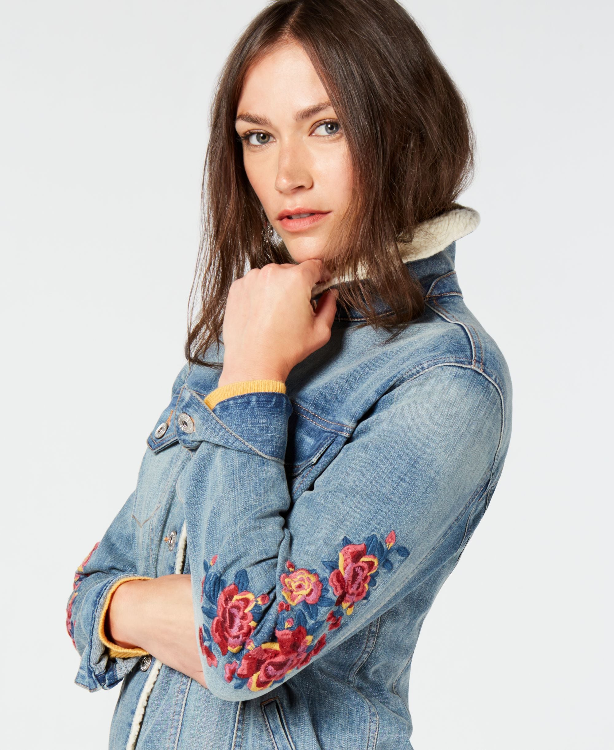 Style & Co Flower Embroideted Trucker Jacket