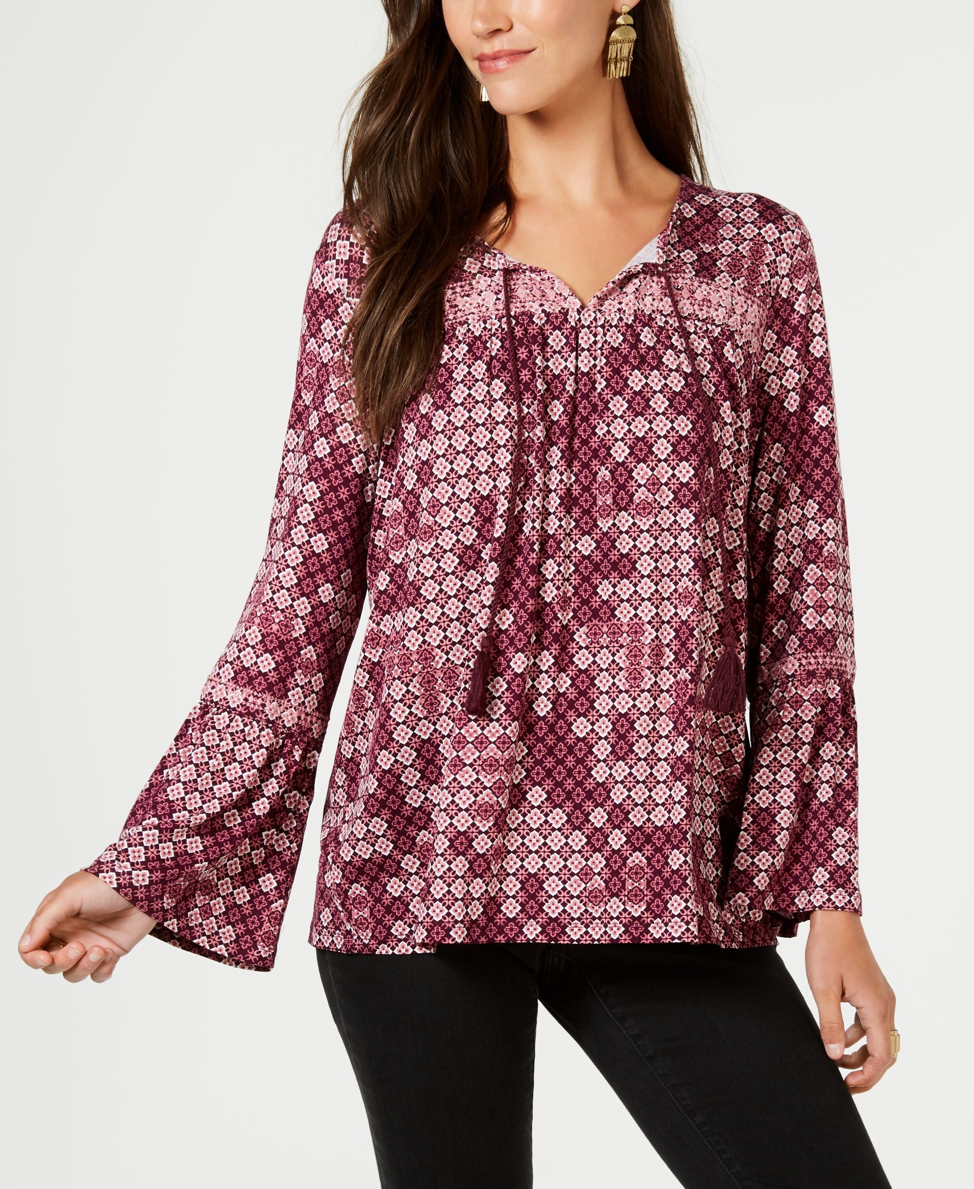 Style & Co Petite Printed Peasant Top