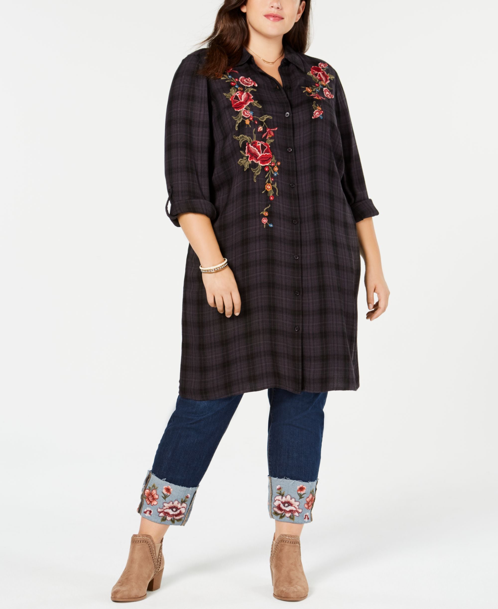 Style & Co Plus Size Plaid Embroidered Long Shirt