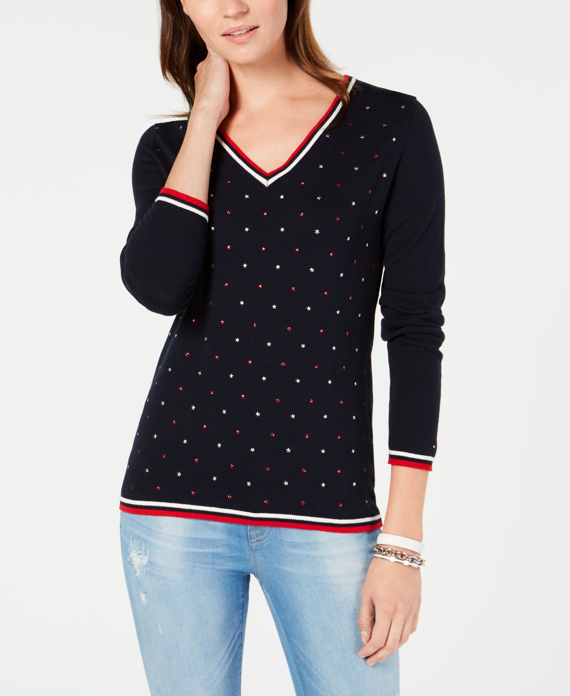 Tommy Hilfiger Cotton Star Embellishment V Neck Sweater
