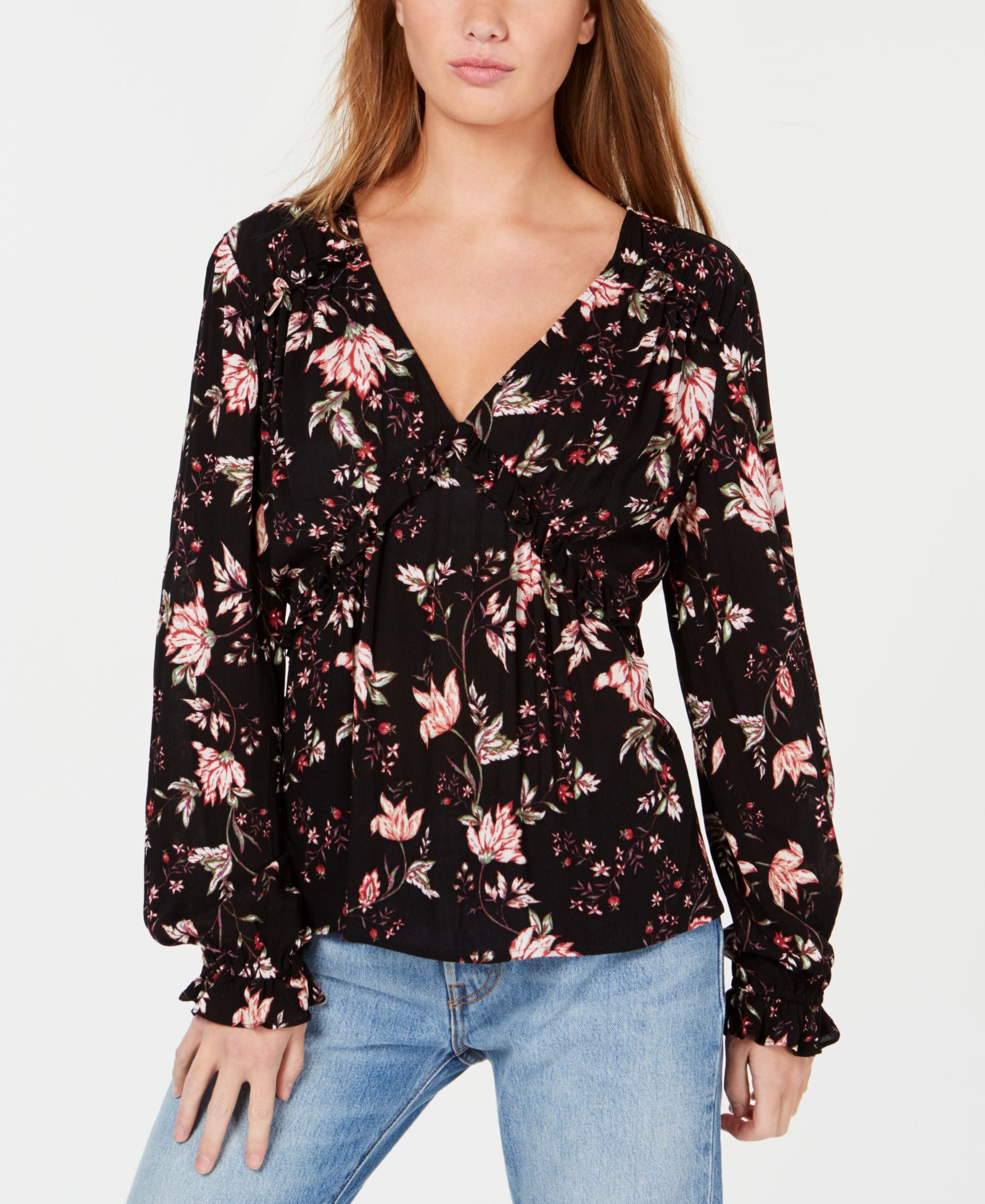 American Rag Juniors Printed Ruffled V Neck Top