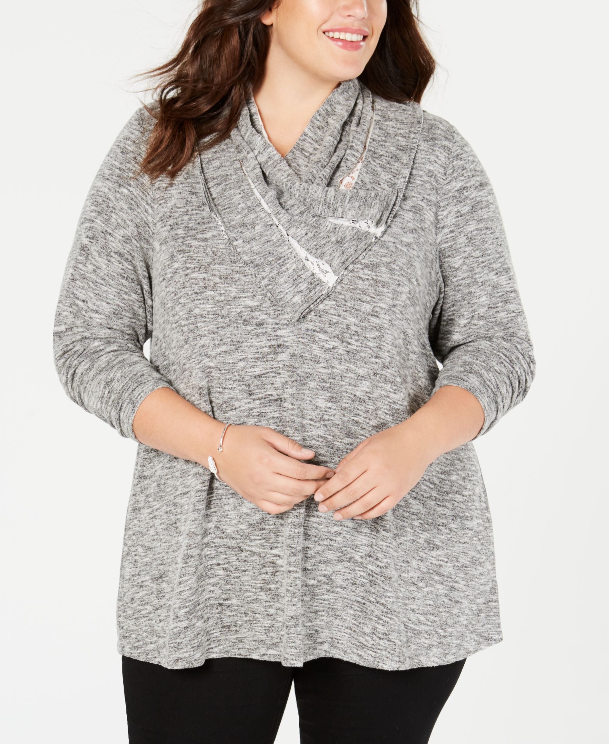 Style & Co Plus Size Lace Trimmed Cowl Neck Top