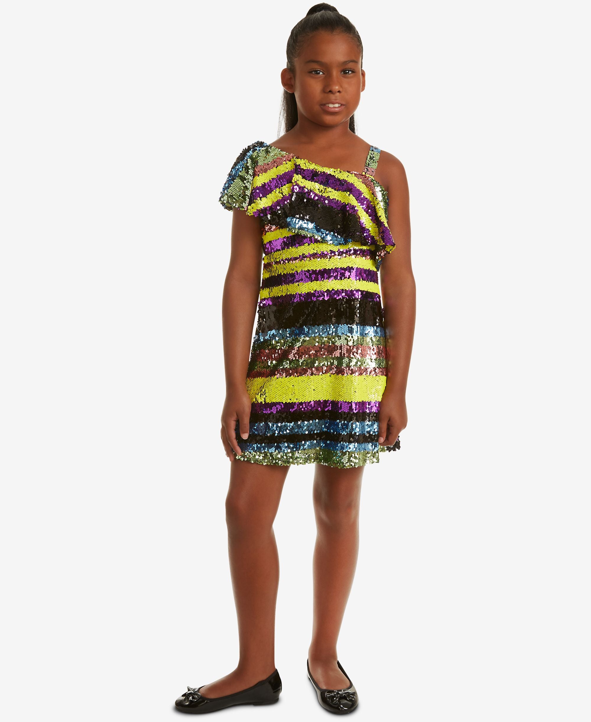 Rare Editions Big Girls One Shoulder Striped Sequin Dress