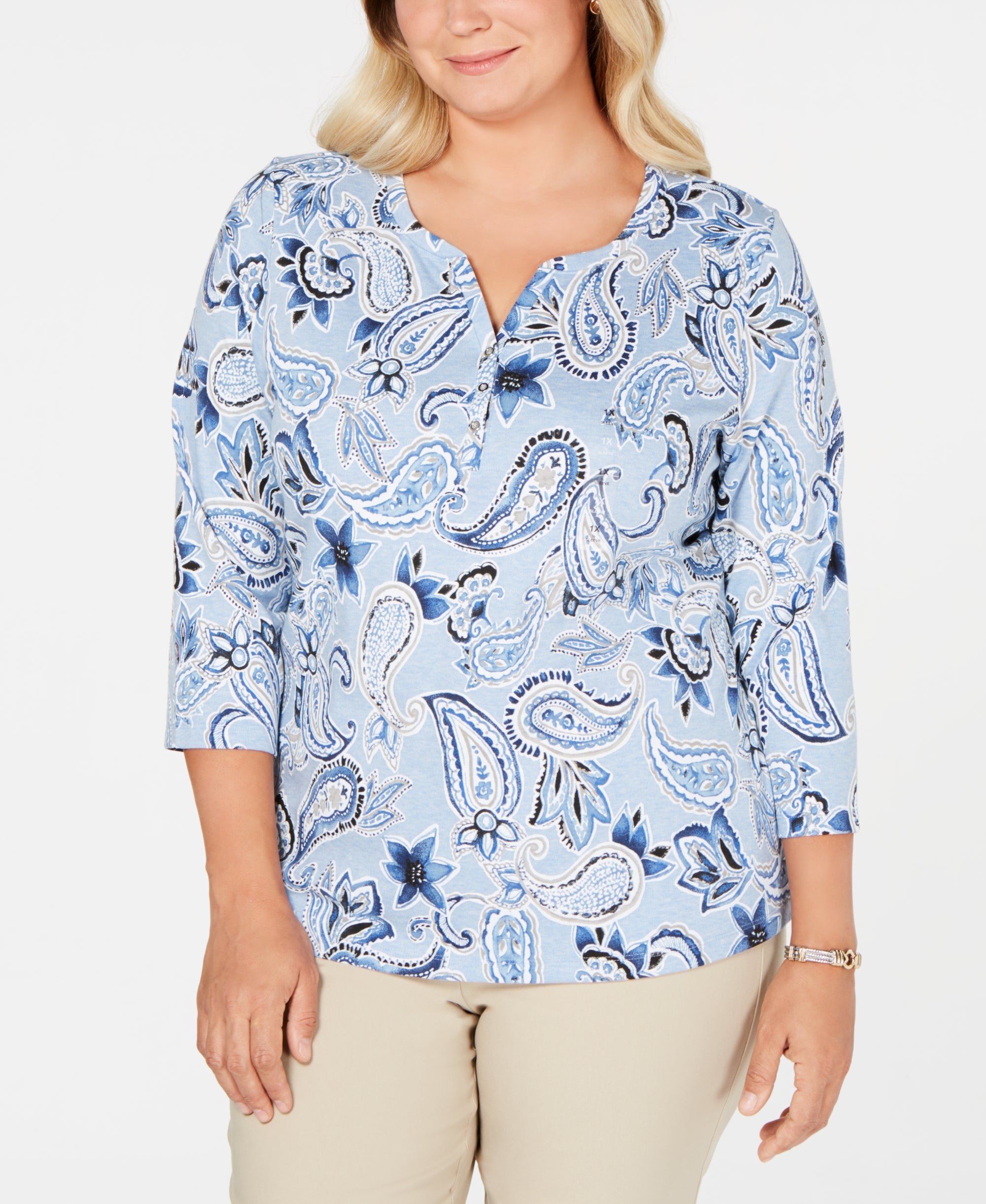 Plus-Size Printed 3/4-Sleeve Henley