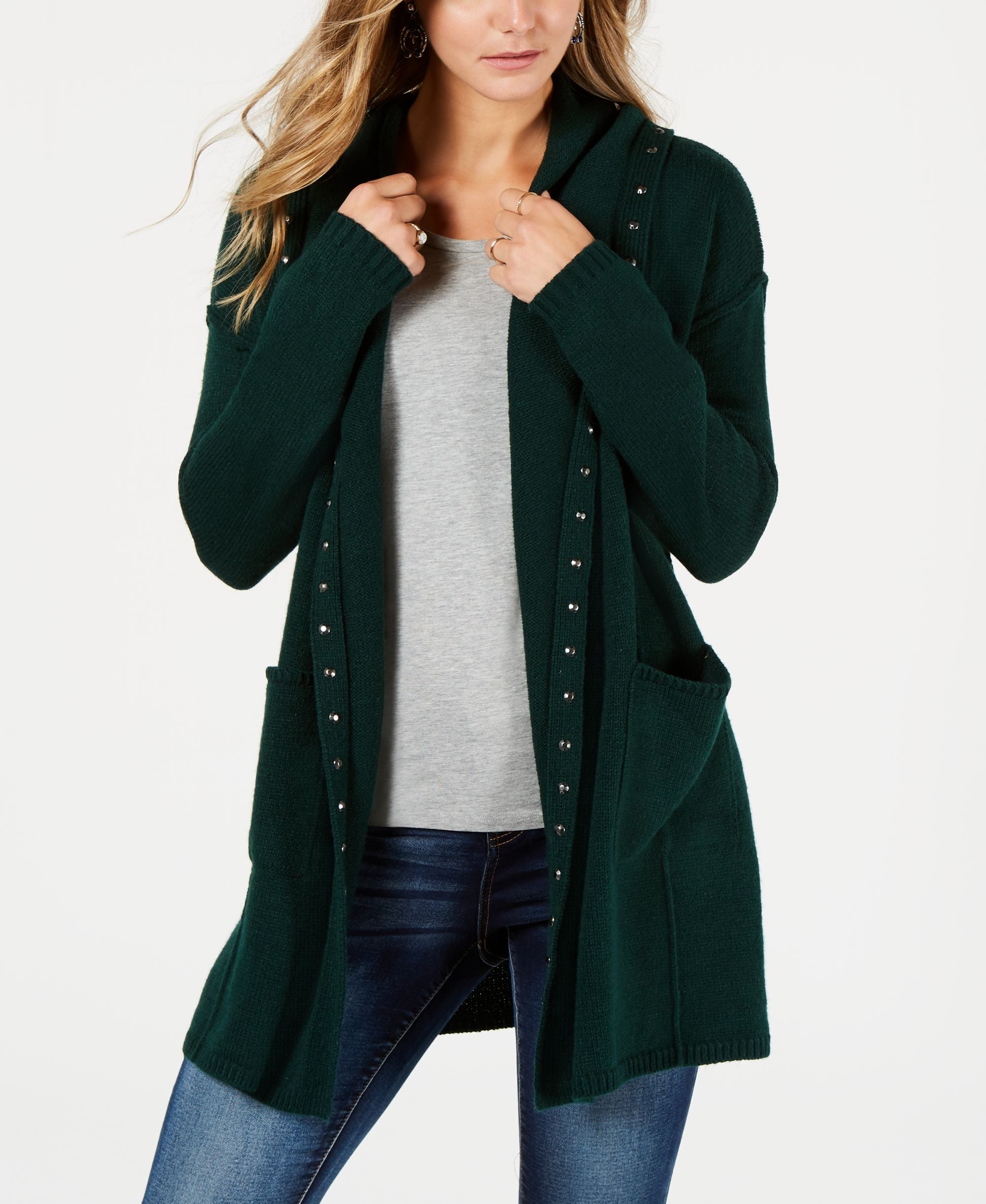 Style & Co Petite Stud Trim Hooded Cardigan