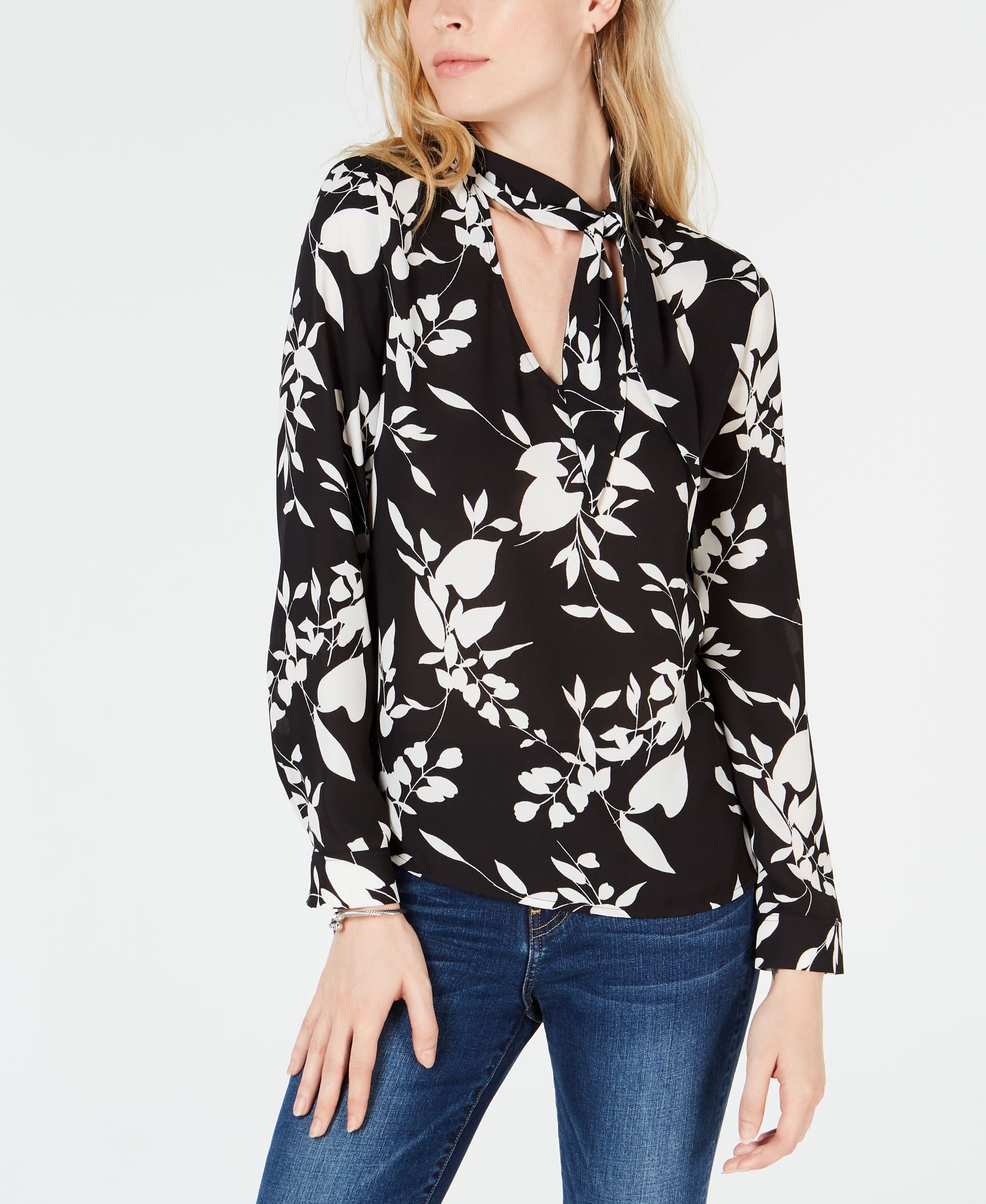 Bar III Printed Tie Neck Blouse