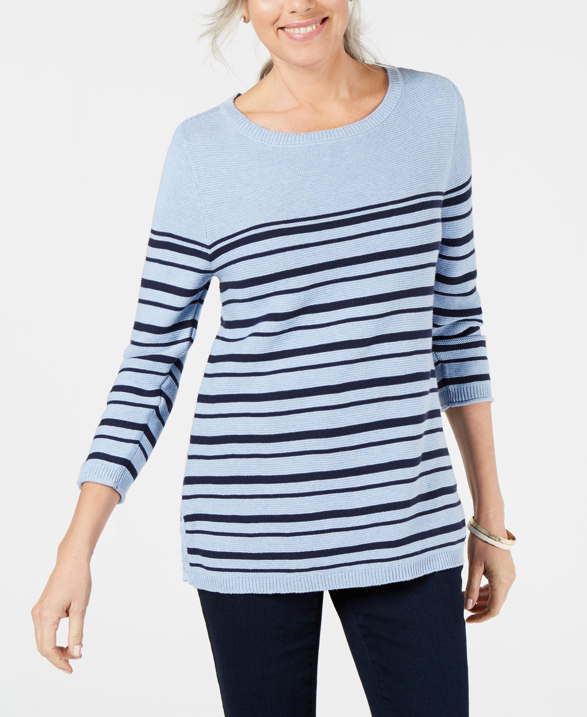 Karen Scott Striped Cotton Lace Up Sweater