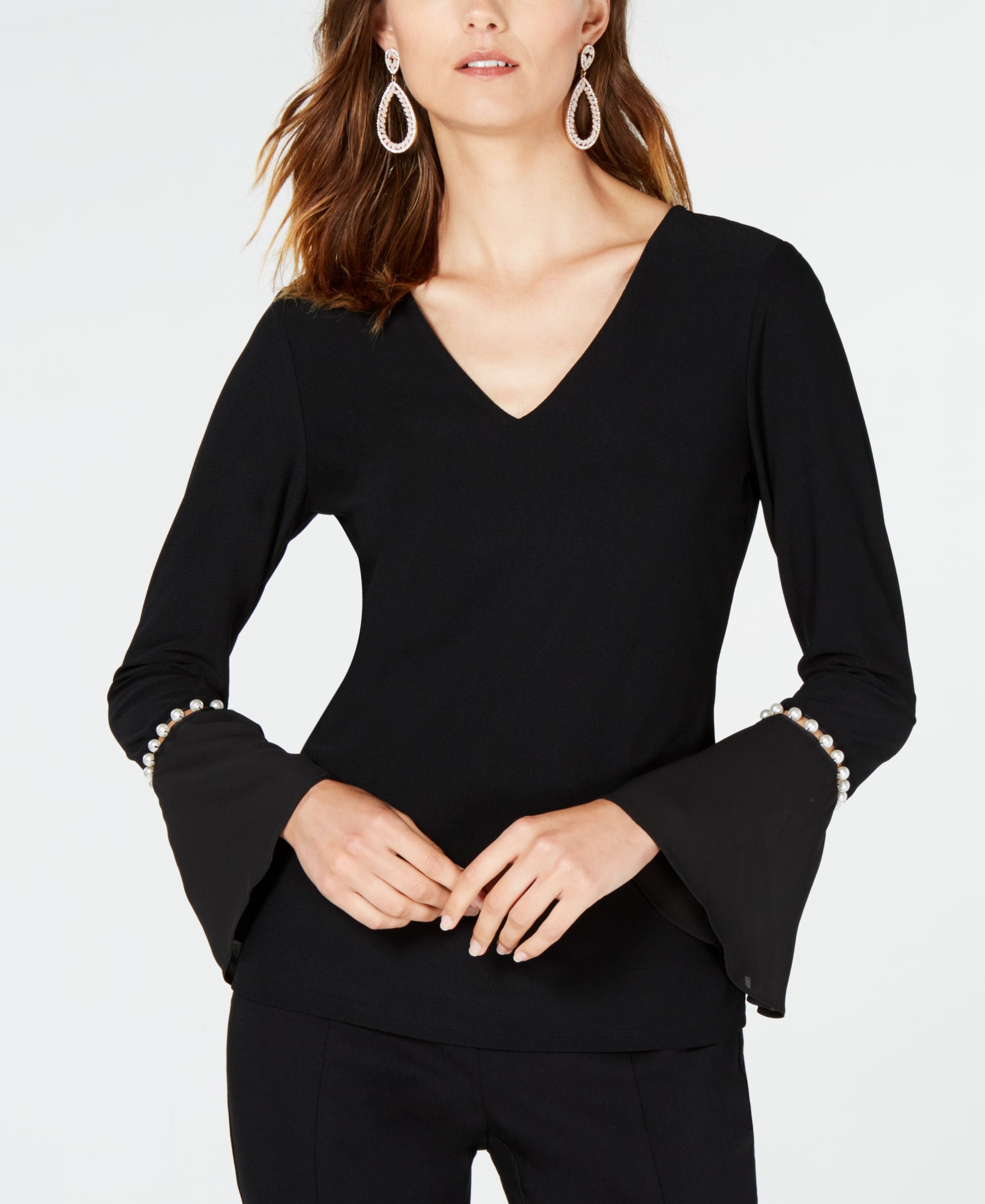 V Neck Pearl Sleeve Top