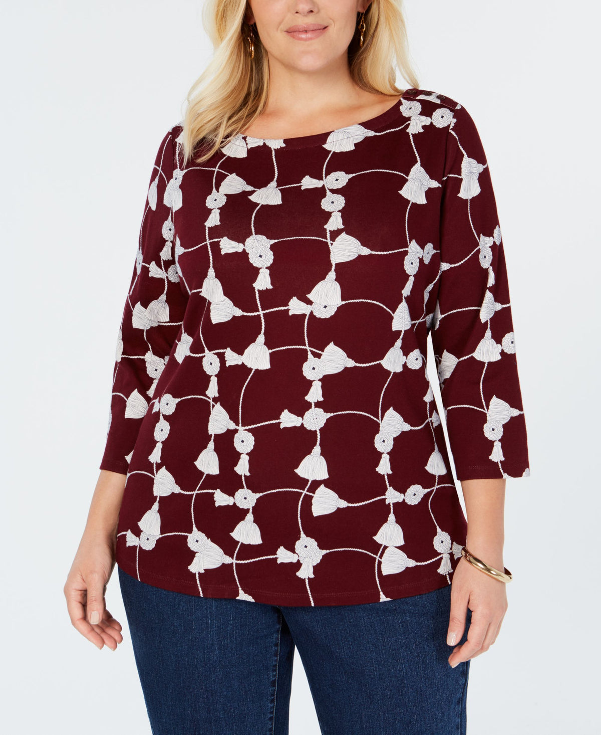 Plus Size Cotton Printed 3/4-Sleeve Top