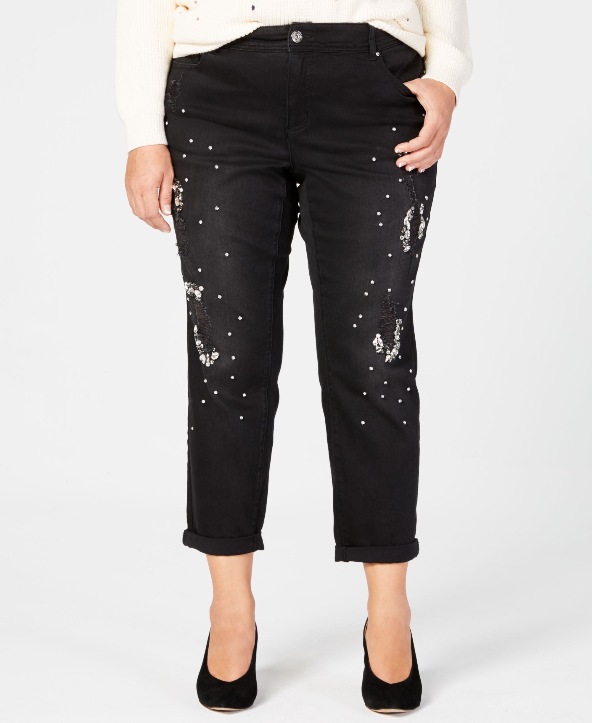 Plus Size Ripped Rhinestone Embellished Jeans