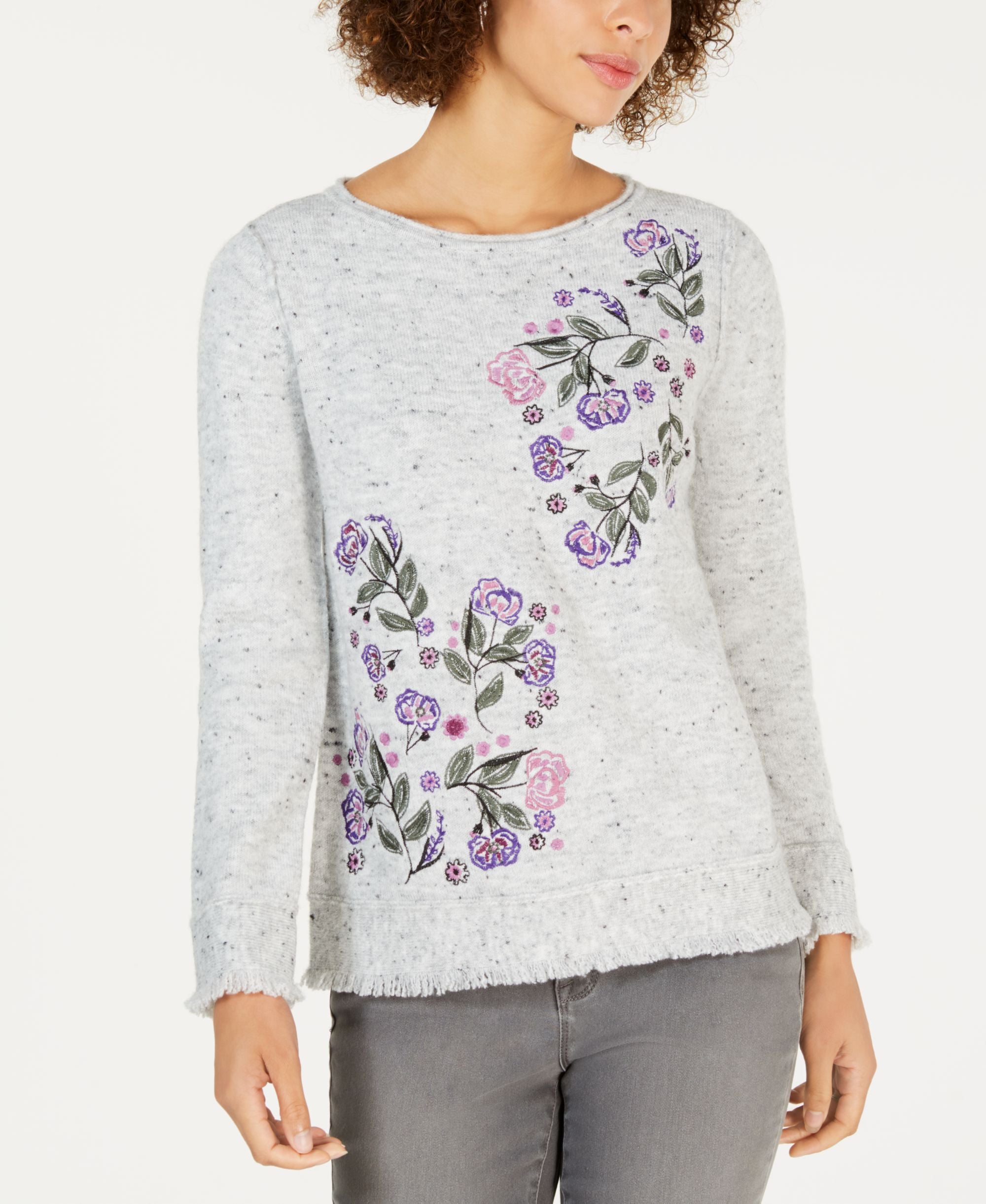 Style & Co Embroidered Fringed Textured Sweater