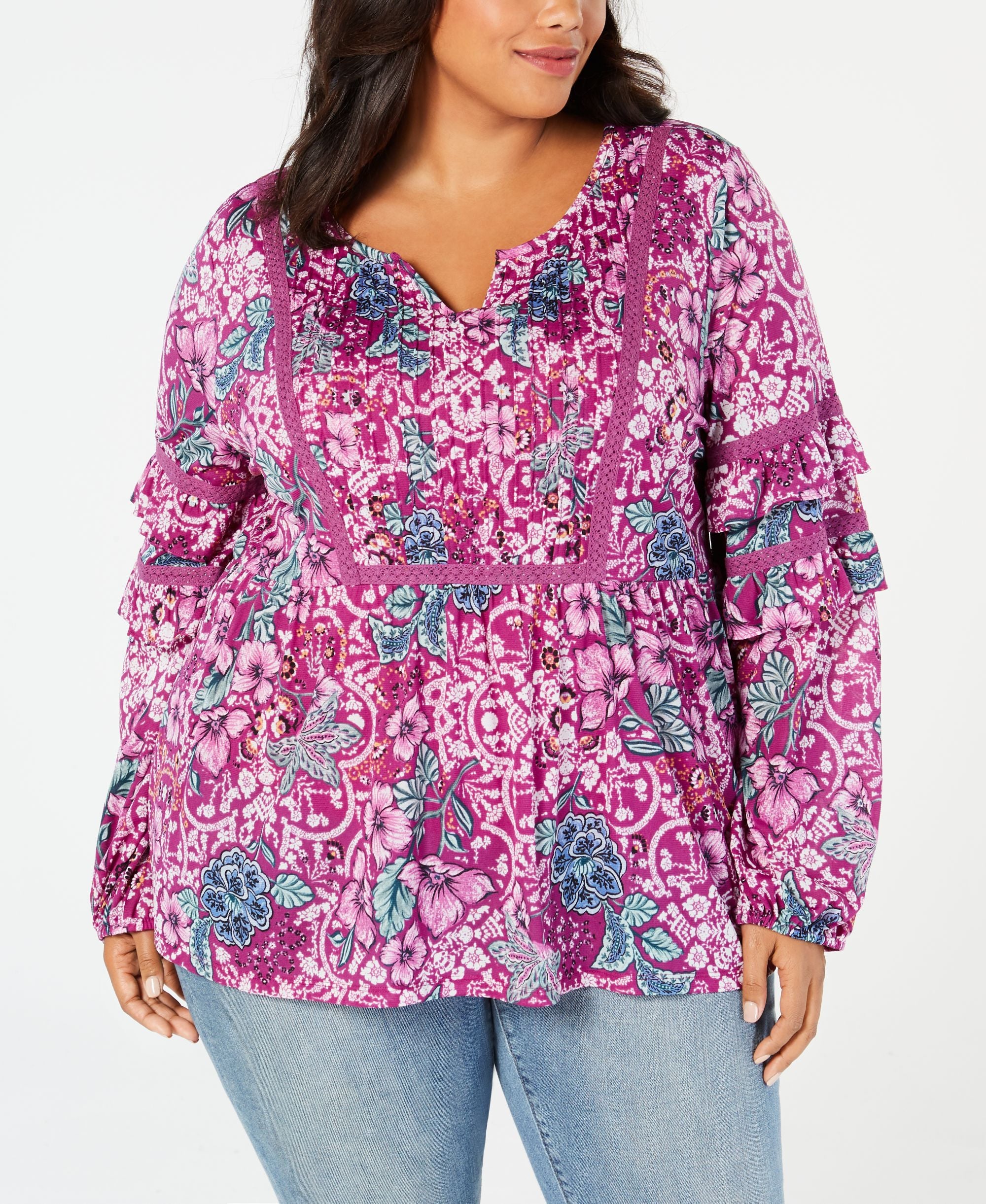 Plus Size Floral-Print Tiered-Sleeve Blouse