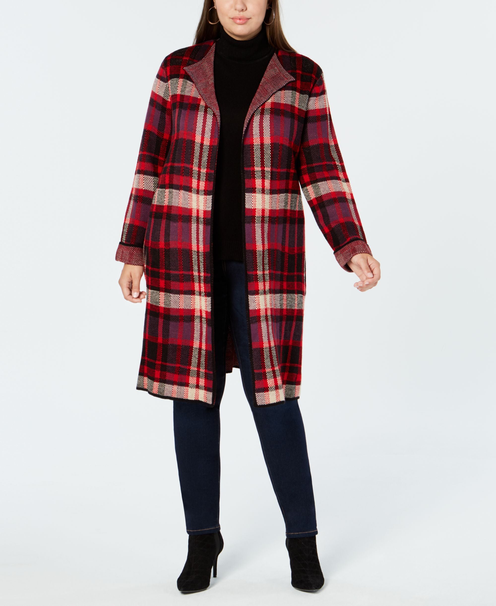 NY Collection Plus Size Plaid Open Front Sweater Coat