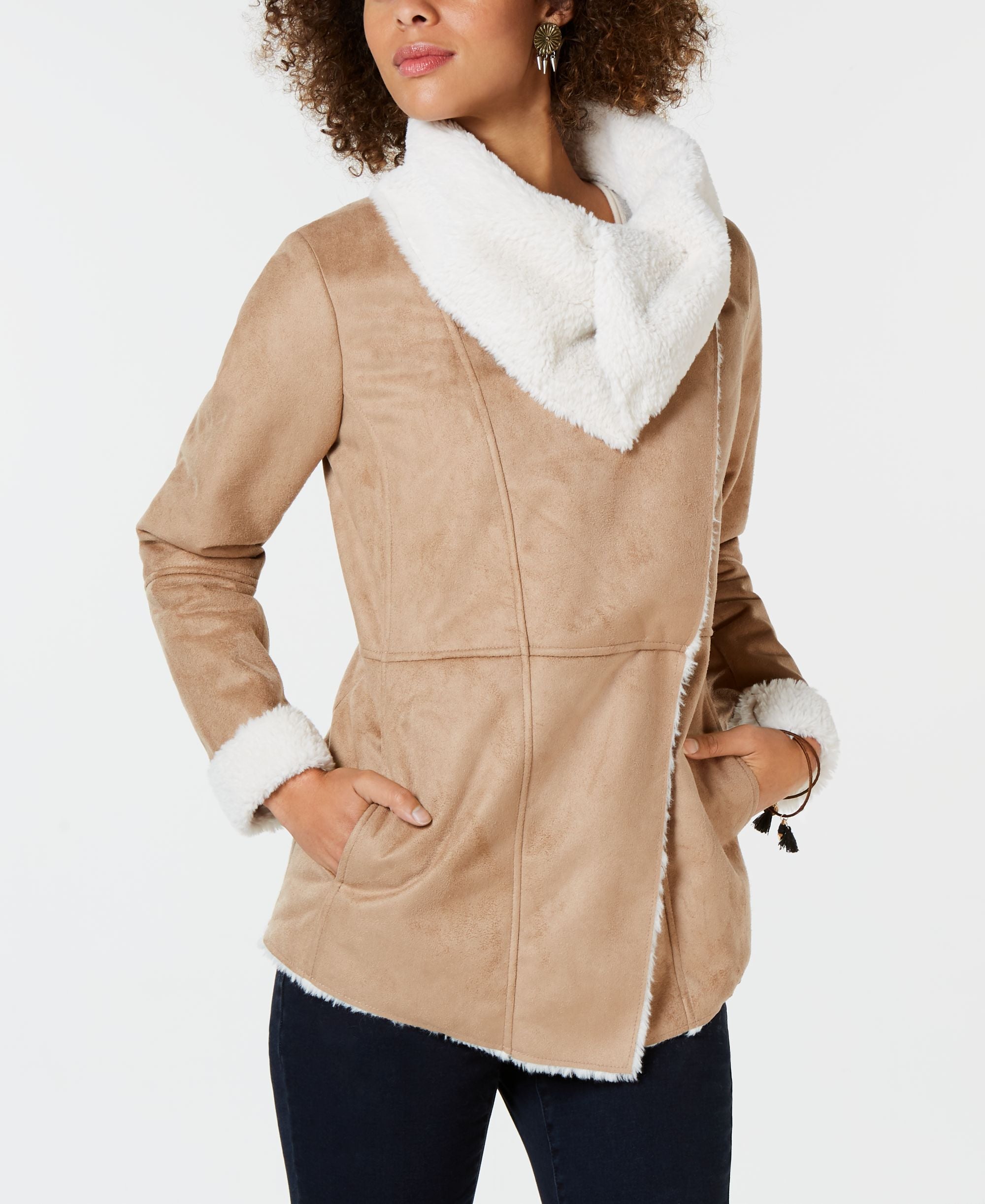 Style & Co Faux Suede Faux Fur Drape Coat