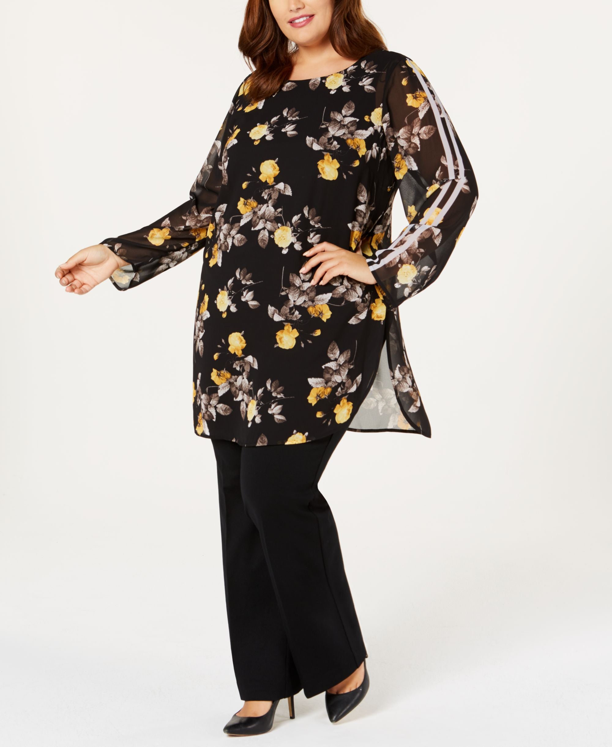 Plus Size Racer-Stripe Floral-Print Tunic